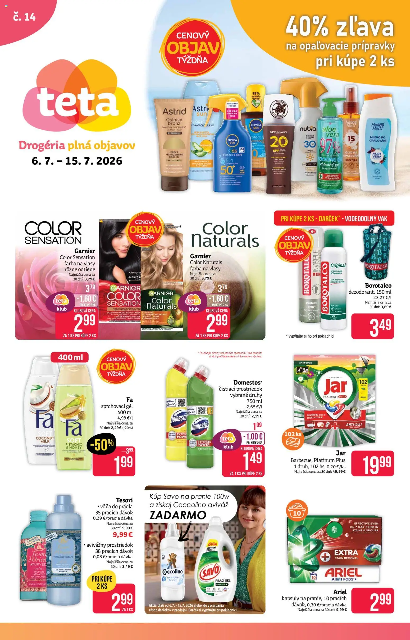 Nové Teta drogerie akcie – leták je platný od 06.07.2026 | Strana: 1 | Produkty: Nivea, Savo, Aviváž, Ariel