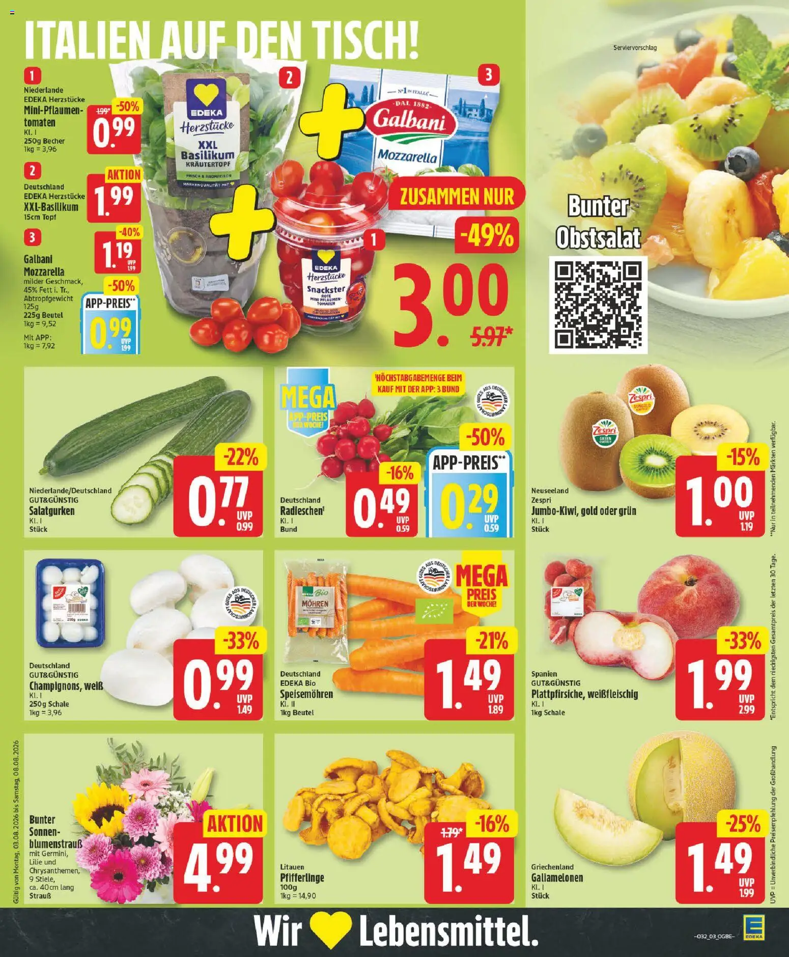 Edeka Prospekt – gültig ab 03.08.2026 | Seite: 3 | Produkte: Pflaumen, Tisch, Mozzarella, Tomaten
