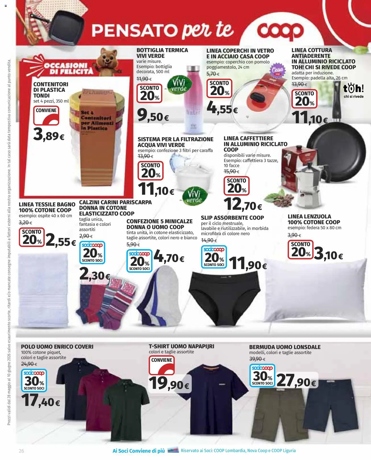 Volantino COOP del 28.05.2026 | Pagina: 26 | Prodotti: Calzini, Bermuda, Alluminio, Lenzuola