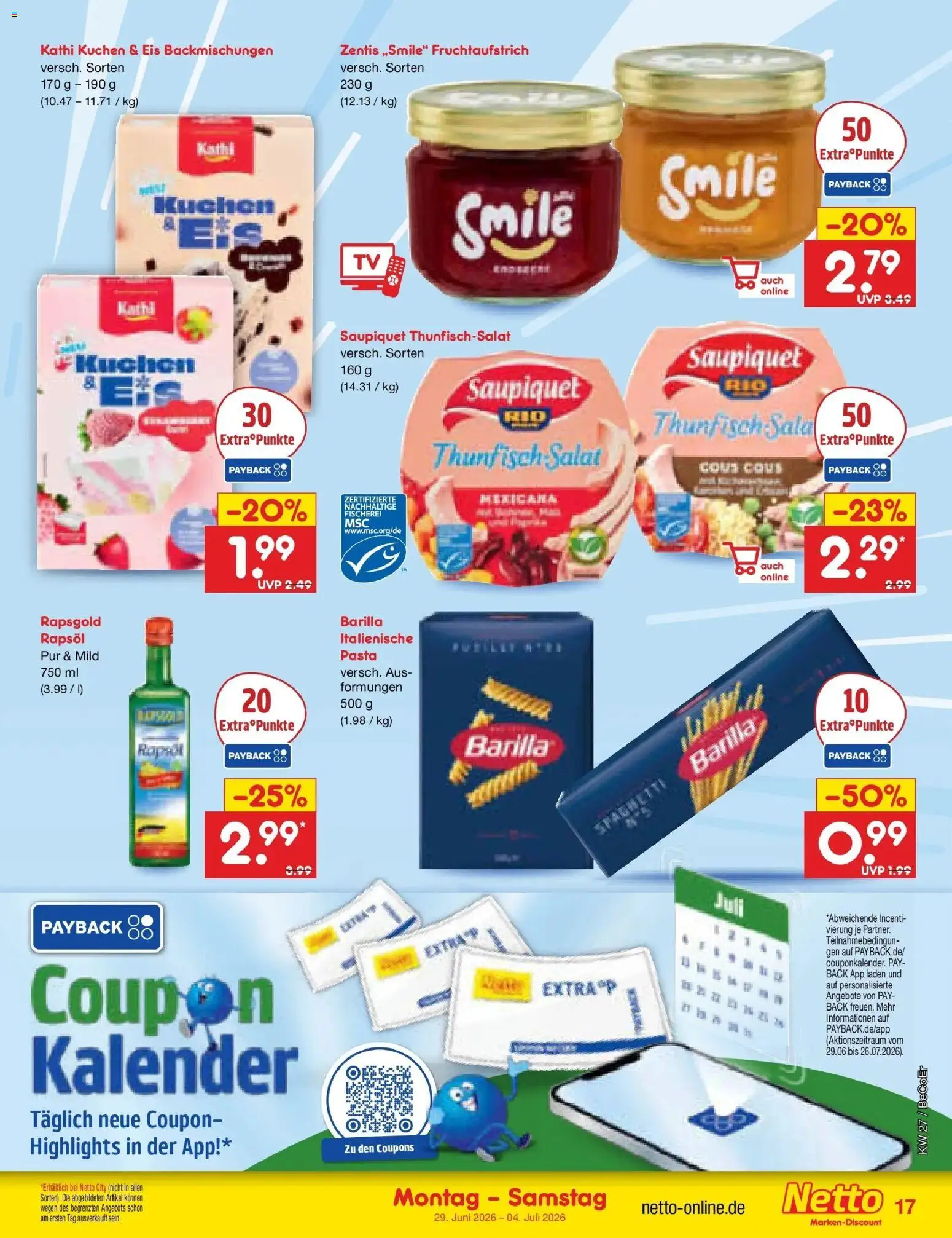 Netto Marken-Discount Prospekt Kremmen – gültig ab 29.06.2026 | Seite: 23 | Produkte: Barilla, Thunfisch, Pasta, Kuchen