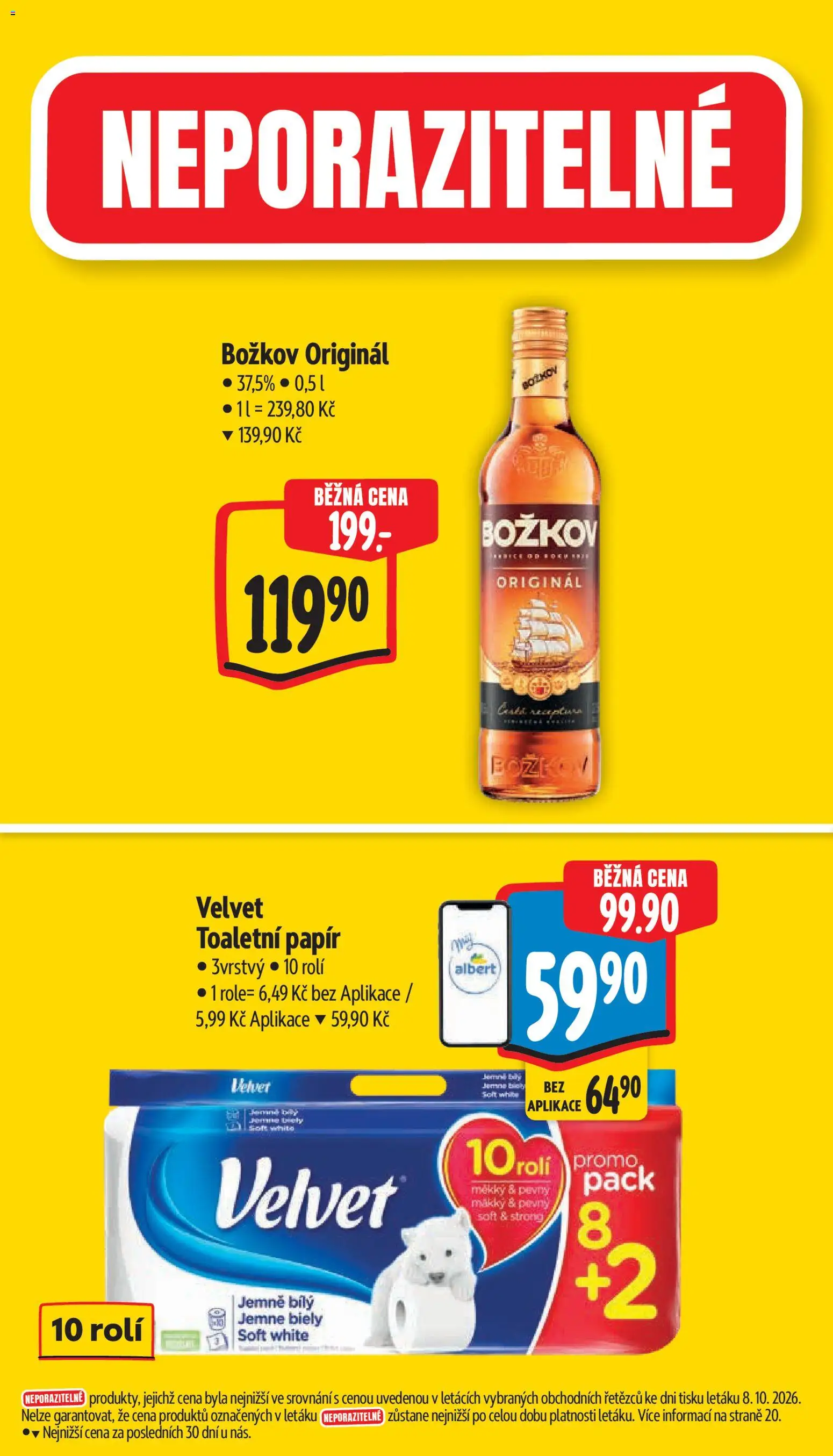 Albert leták - Supermarket Šumperk od 14.10.2026 | Strana: 8 | Produkty: Toaletní papír, Velvet, Božkov originál, Toaletní papír 3vrstvý