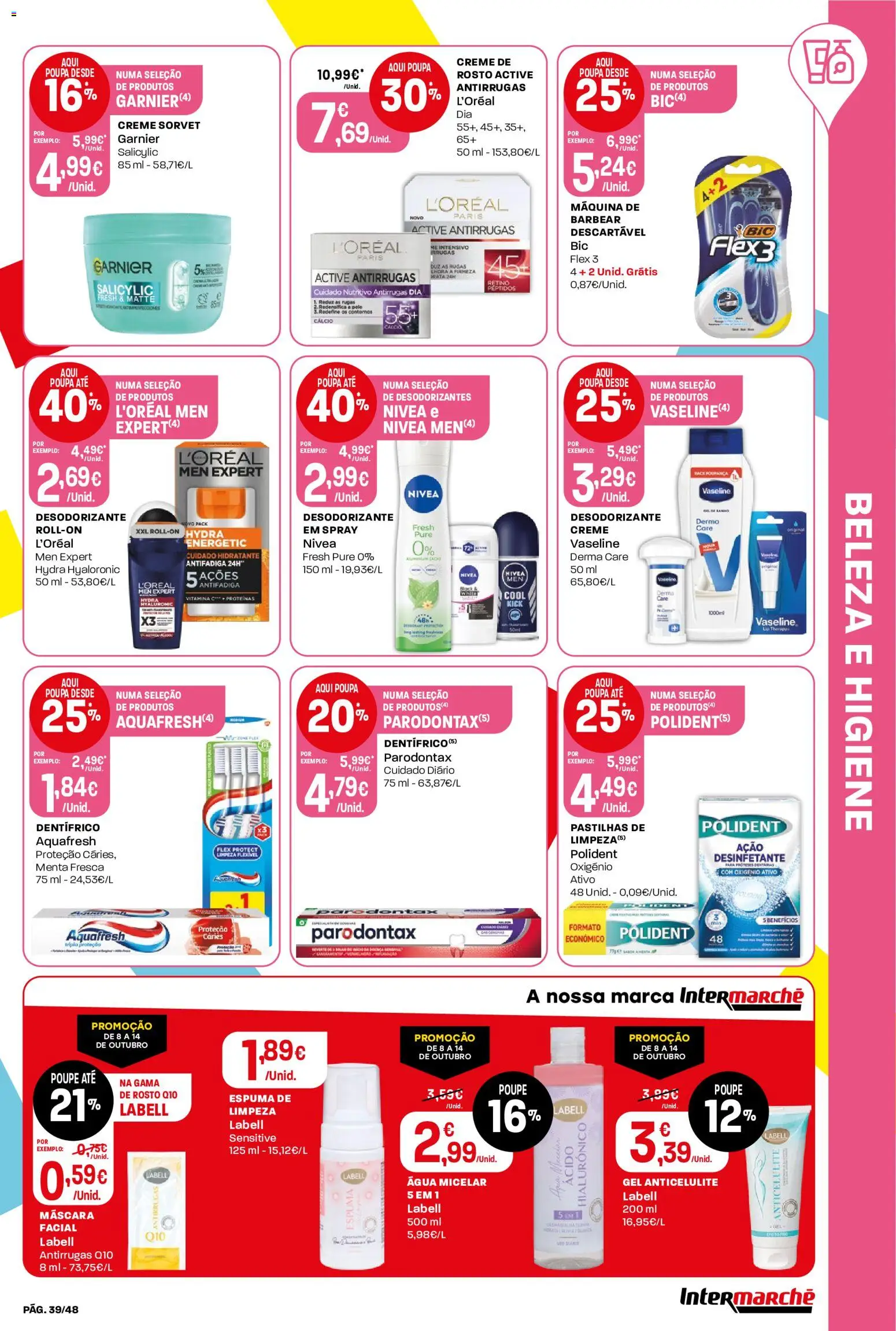 Intermarché folheto │ válido de 08/10/2026 | Página: 39 | Produtos: Água micelar, Desodorizante, Cálcio, Creme