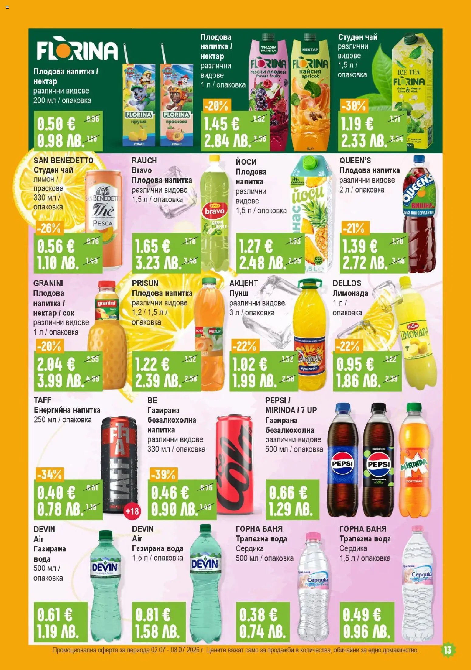 {H1} | Страница: 13 | Продукти: Лимон, Круша, Студен чай, Газирана вода