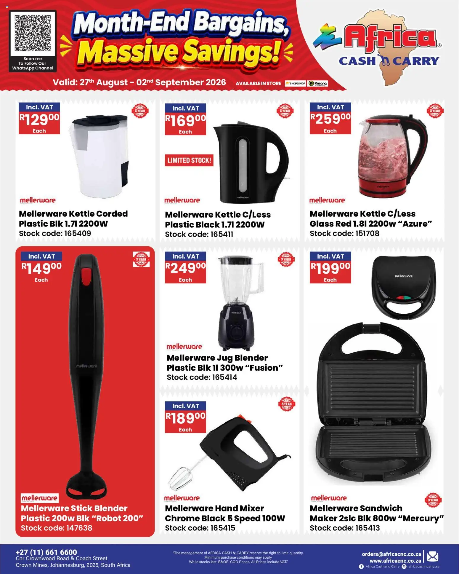 New Africa Cash & Carry catalogue – valid from 27/08/2026 | Page: 36 | Products: Kettle, Mixer, Blender, Stock