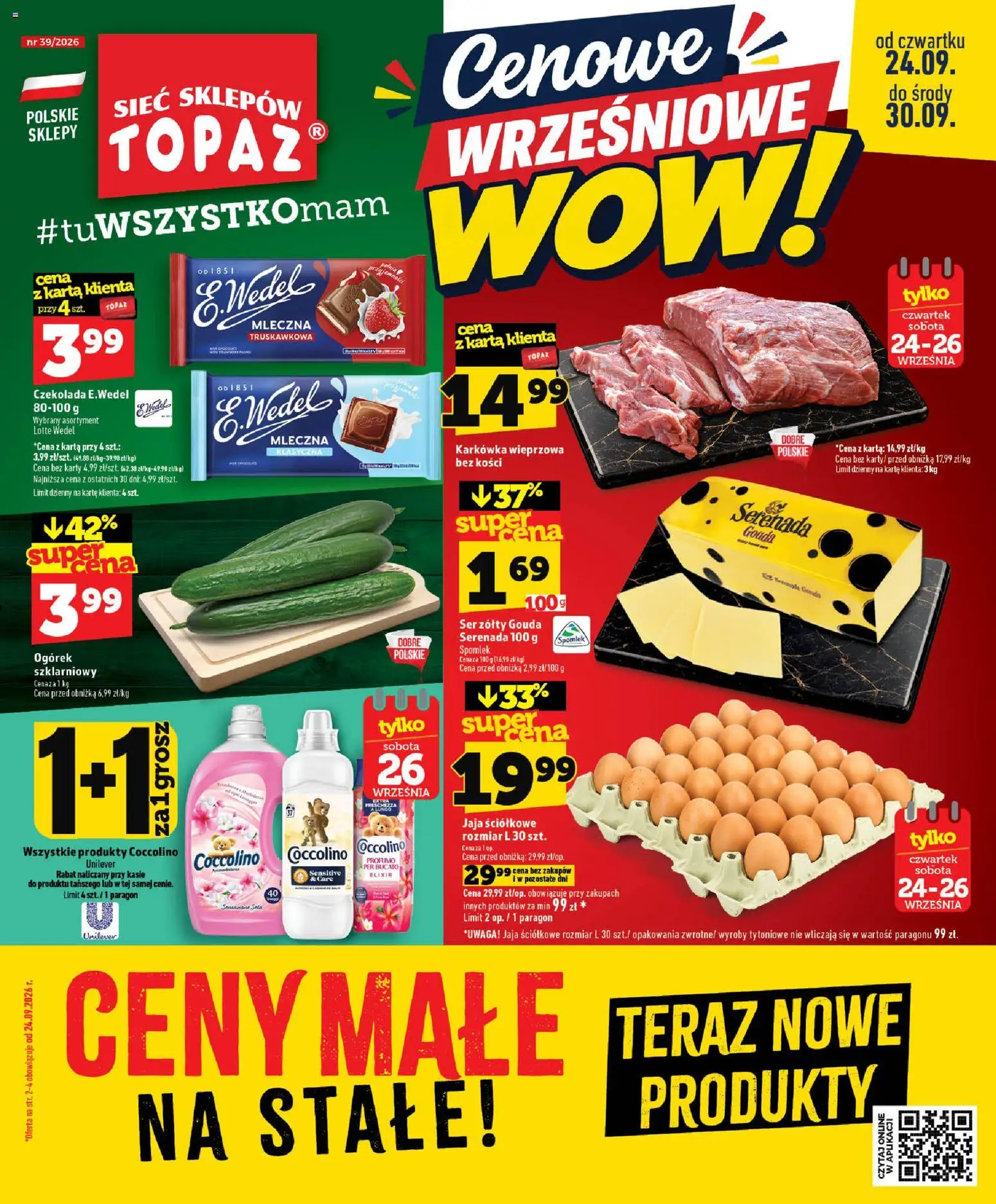 Topaz gazetka - Ceny małe na stałe od 24.09.2026 | Strona: 1 | Produkty: Ser żółty, Karta, Coccolino, Ser żółty Gouda