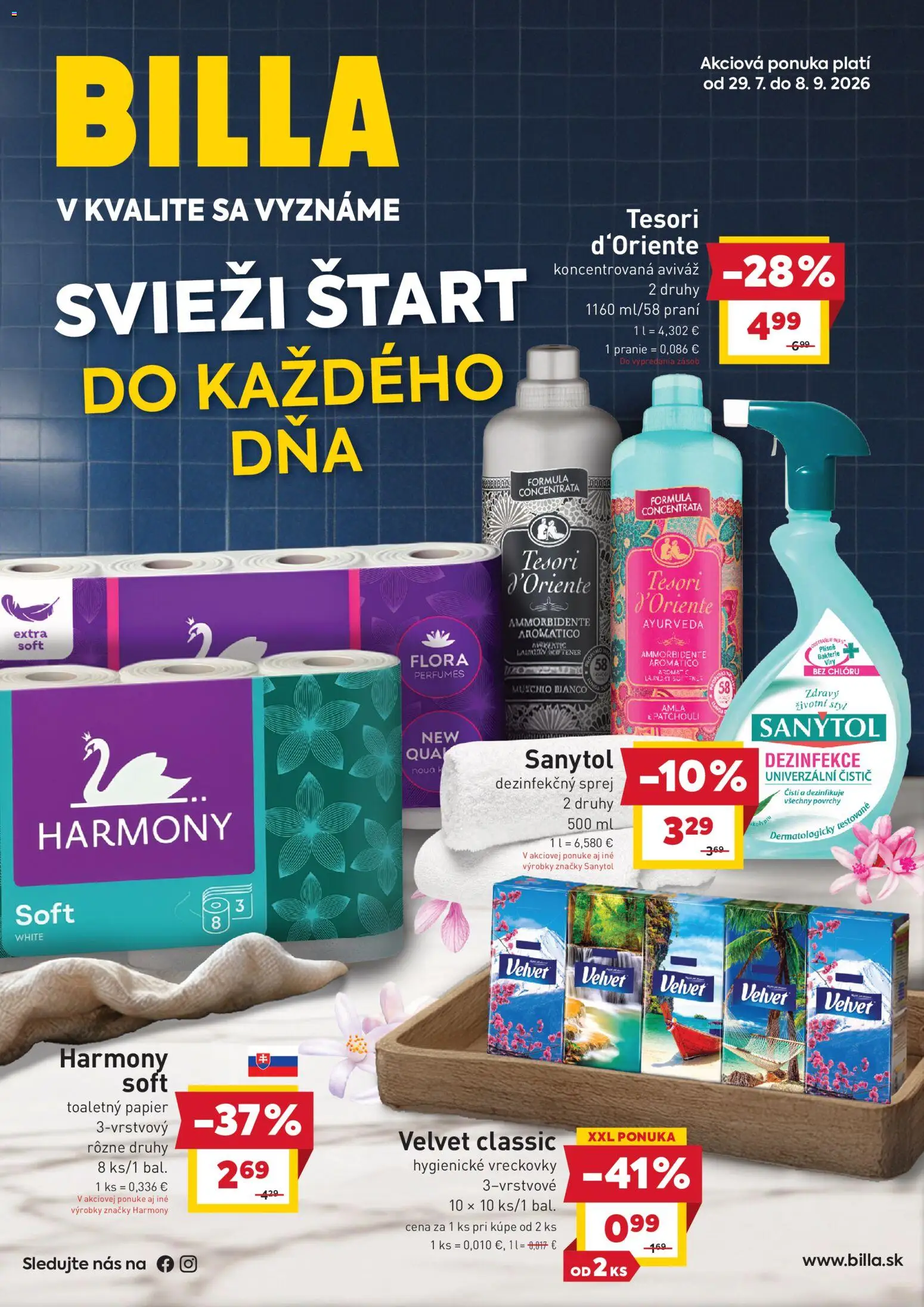 Nové Billa akcie – leták je platný od 29.07.2026 | Strana: 1 | Produkty: Sanytol, Toaletný papier, Aviváž, Flora