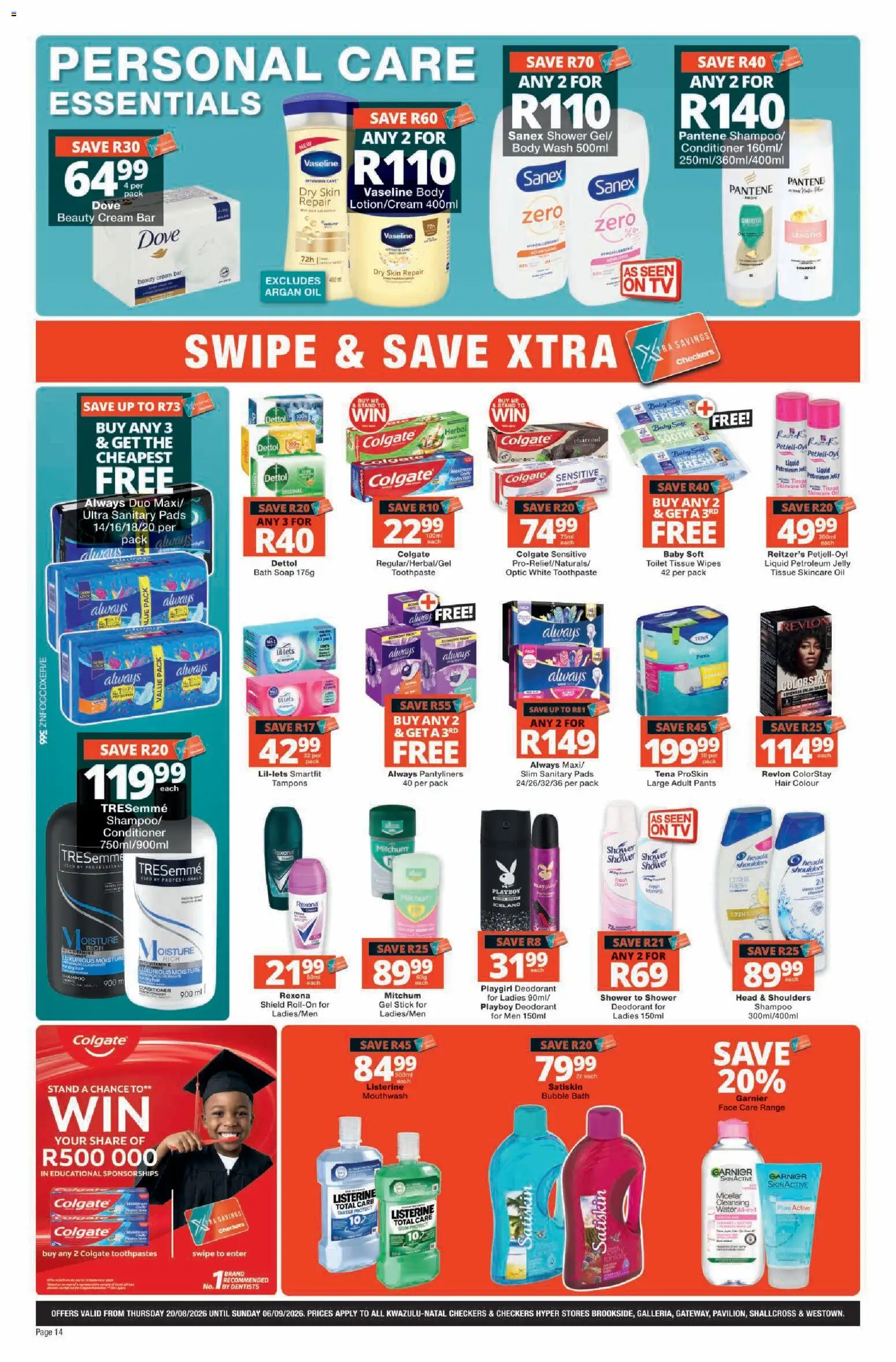 New Checkers catalogue – valid from 20/08/2026 | Page: 14 | Products: Pads, Shampoo, Conditioner, Soap