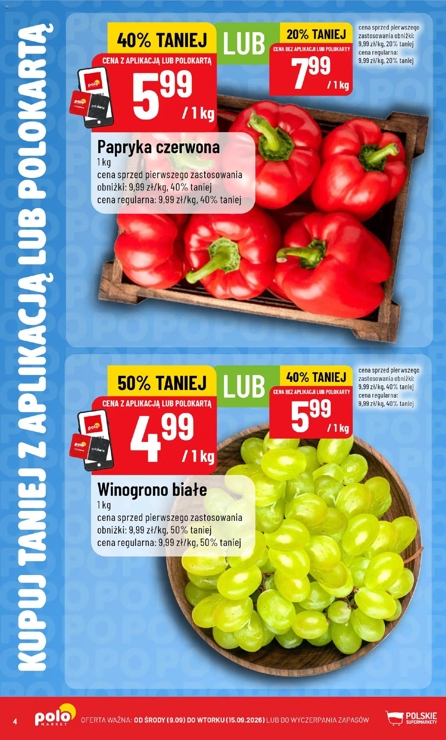Nowa POLOmarket gazetka od jutra 09.09.2026 | Strona: 4 | Produkty: Winogrono, Papryka, Papryka czerwona