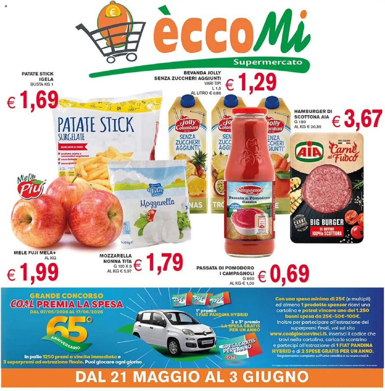 Volantino Coal del 21.05.2026 | Pagina: 1 | Prodotti: Bovino, Mozzarella, Passata di pomodoro, Hamburger