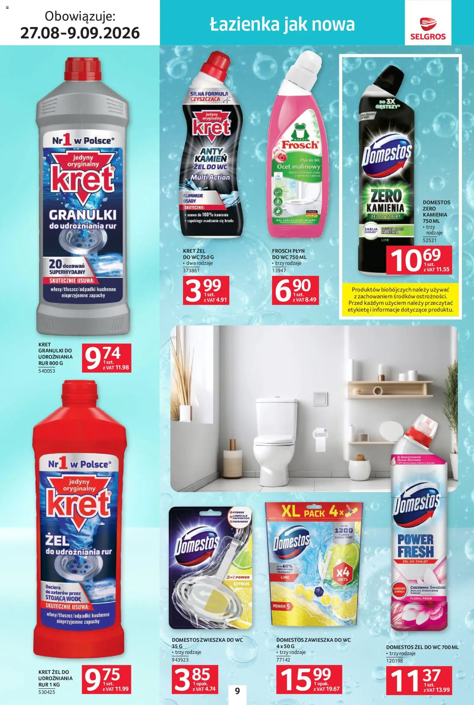 Selgros cash&carry gazetka - Sprzątanie od 27.08.2026 | Strona: 9 | Produkty: Ocet, Żel do WC, Domestos, Zapach