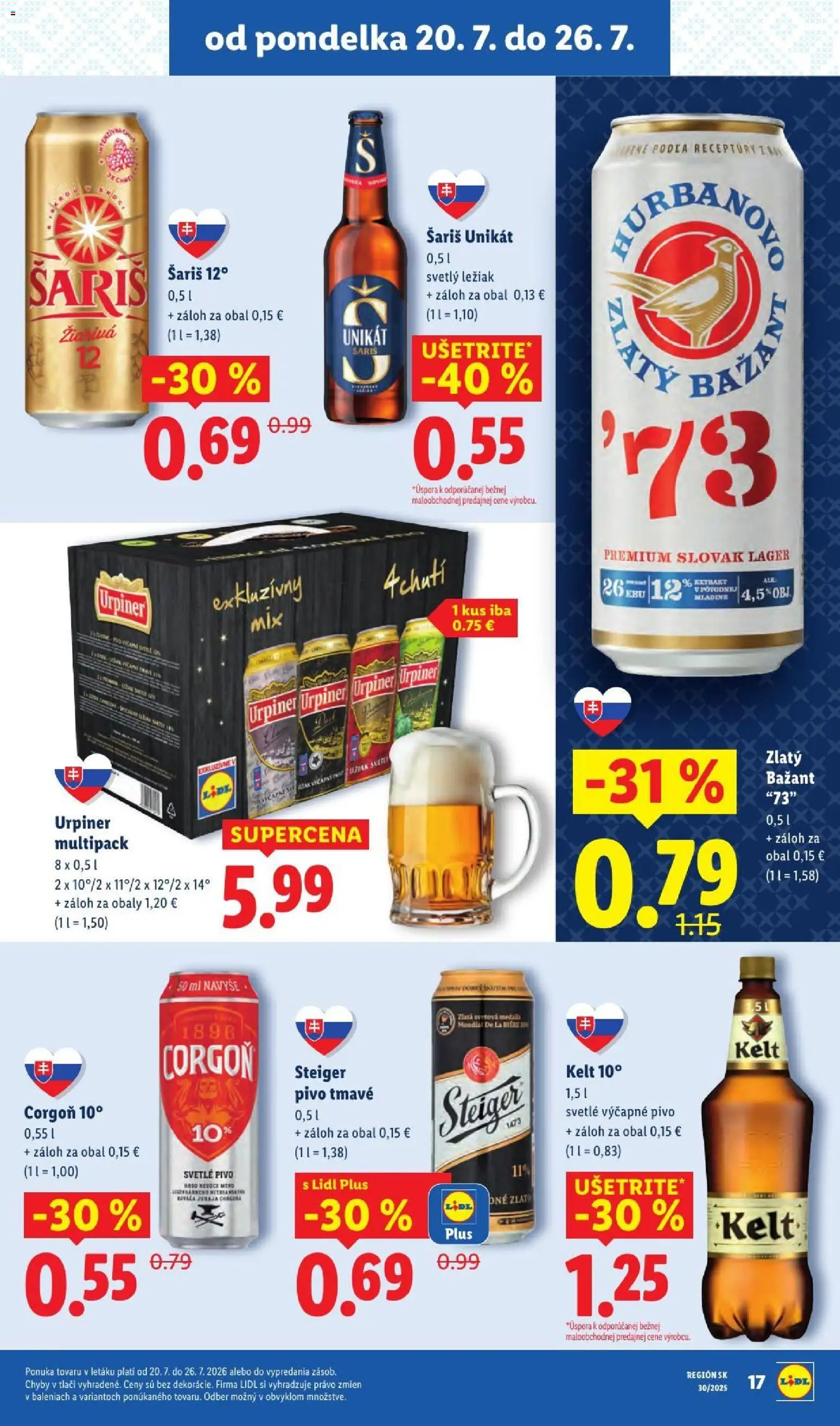 Nové Lidl akcie – leták je platný od 20.07.2026 | Strana: 29 | Produkty: Pivo, Zlatý Bažant, Šariš, Corgoň