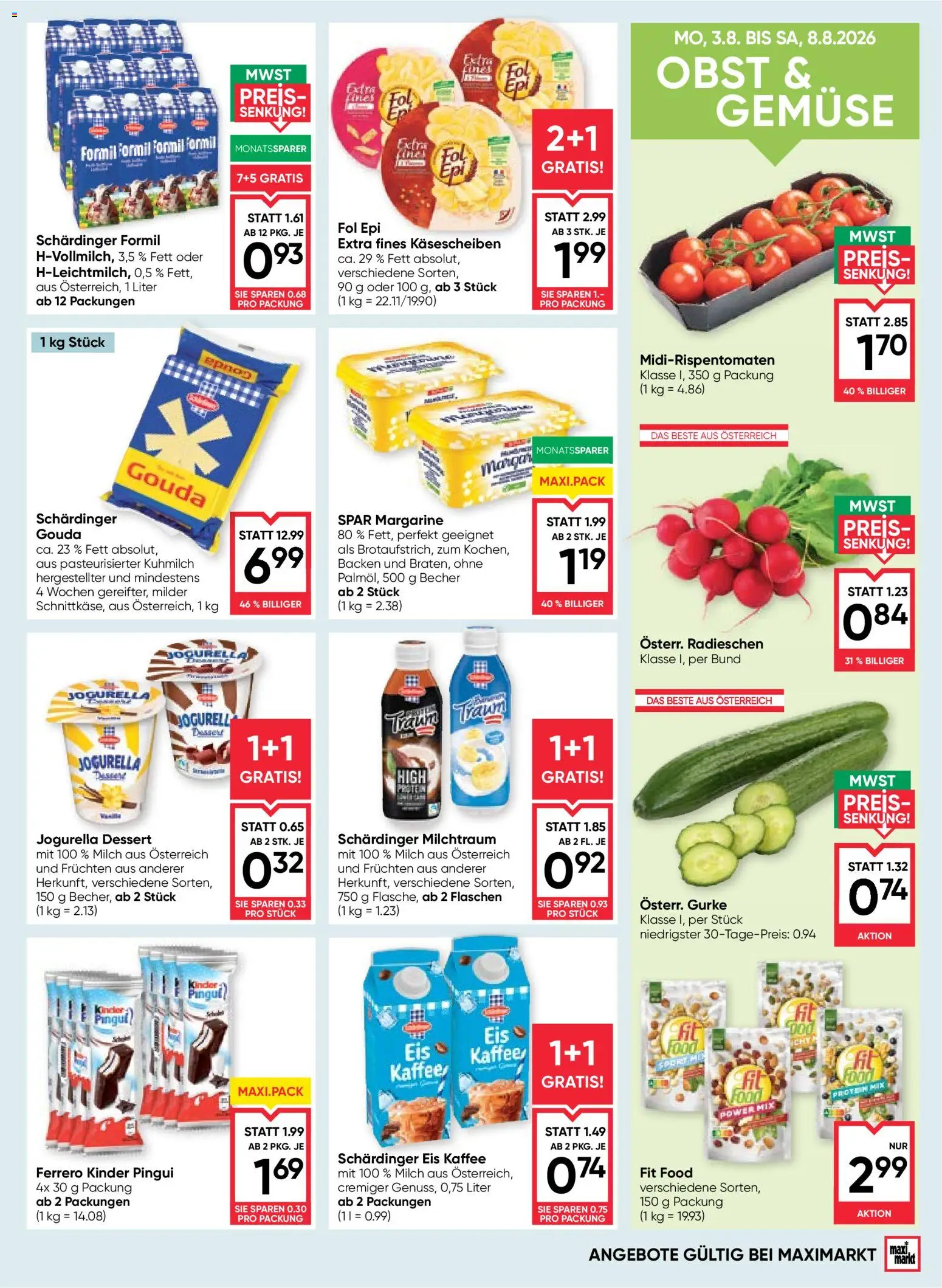 Maximarkt Flugblatt gültig ab 06.08.2026 | Seite: 9 | Produkte: Eis, Gemüse, Milch, Kaffee