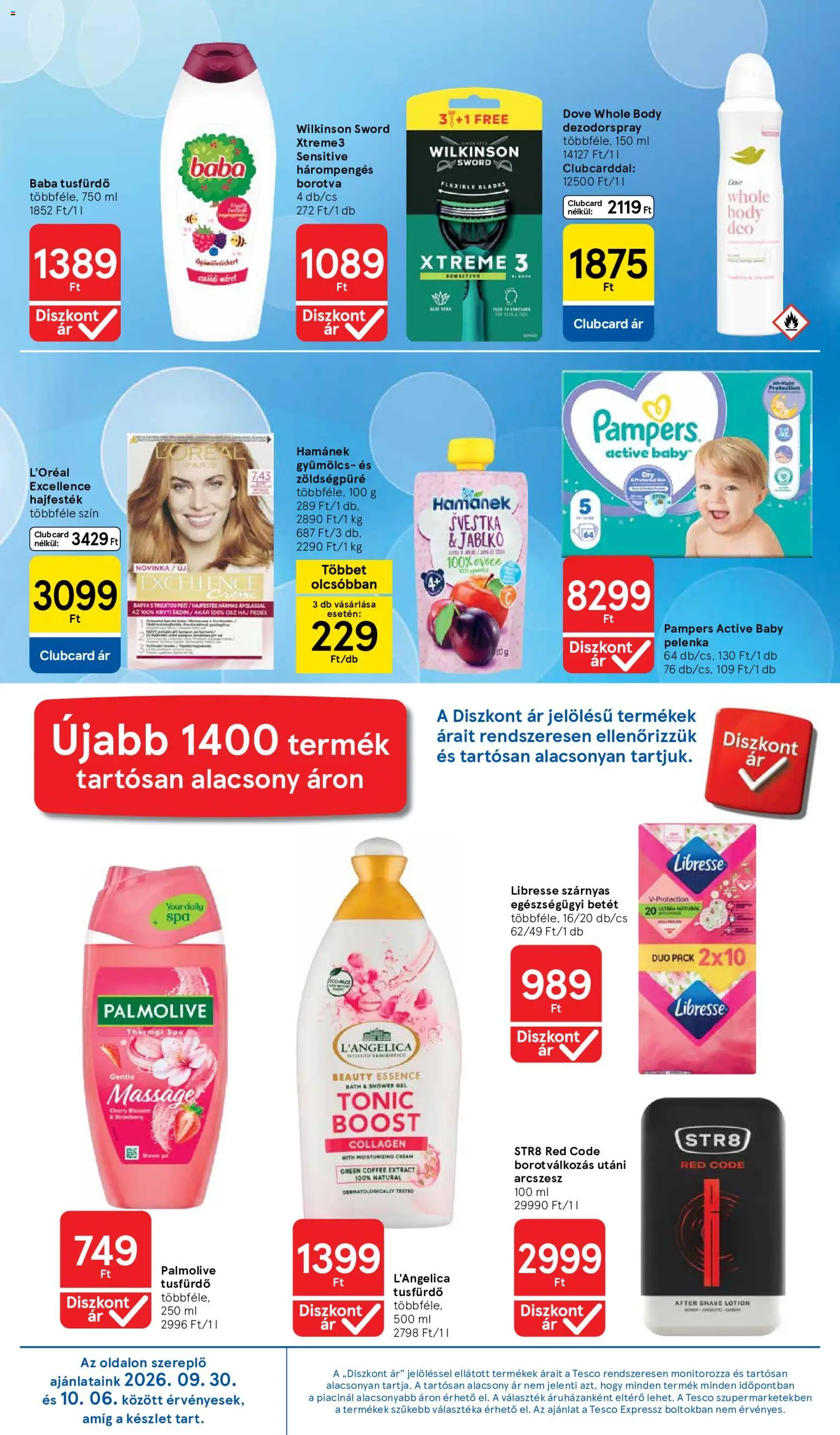 Tesco akciós ujság - amely érvényes a következő dátumtól: 2026.10.01. | Oldal: 26 | Termékek: Pampers, Betét, Hajfesték, Gél