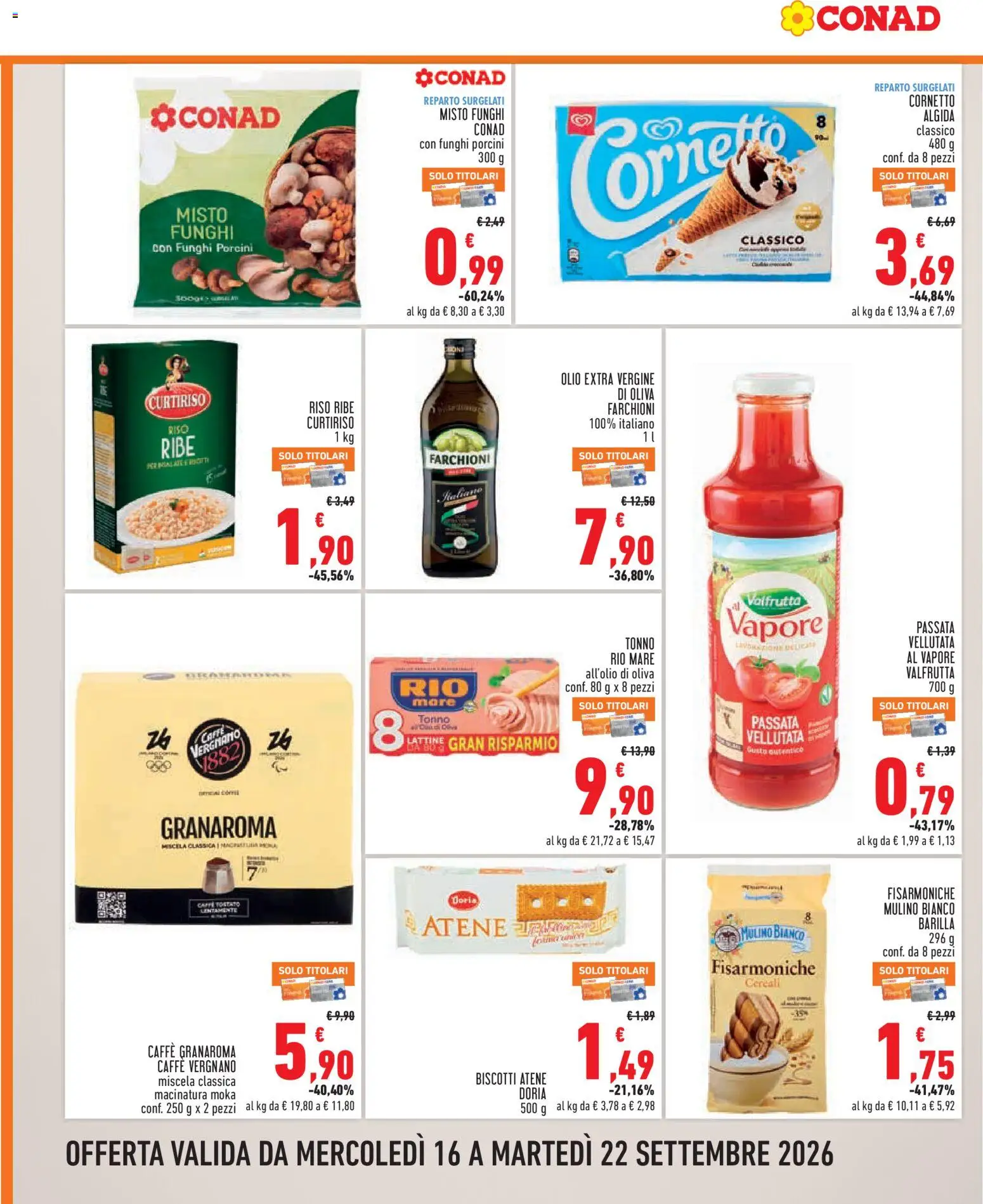 Volantino Conad del 16/09/2026 | Pagina: 6 | Prodotti: Caffè, Biscotti, Olive, Funghi
