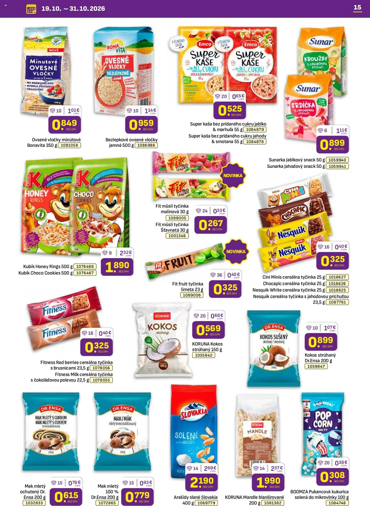 Nové Libex akcie – leták je platný od 19.10.2026 | Strana: 15 | Produkty: Mikrovlnky, Müsli tyčinka, Chocapic, Cini Minis
