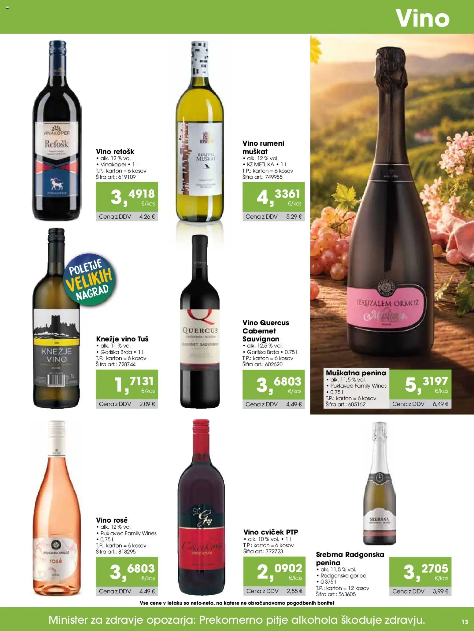 Novi Tuš katalog ponudbe – veljaven od 15.07.2026 | Stran: 13 | Izdelki: Penina, Vino