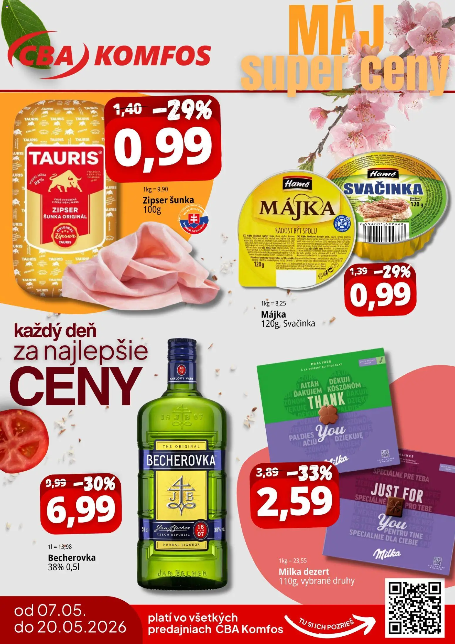 Nové CBA Komfos akcie – leták je platný od 07.05.2026 | Strana: 1 | Produkty: Becherovka, Šunka, Milka