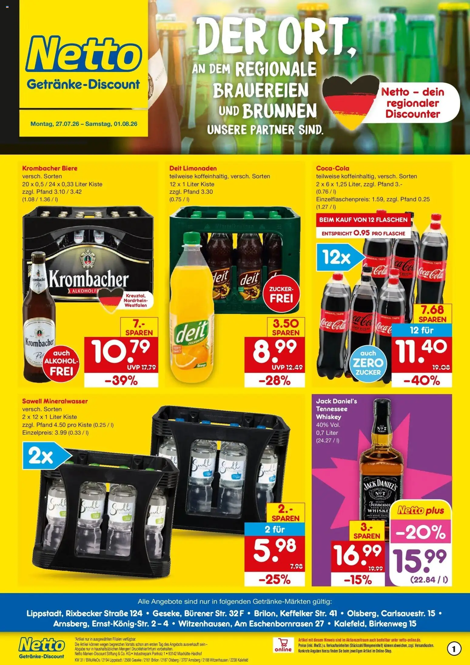Netto Marken-Discount Prospekt Bielefeld-Jöllenbeck – gültig ab 27.07.2026 | Seite: 1 | Produkte: Coca cola, Cola, Krombacher, Whiskey