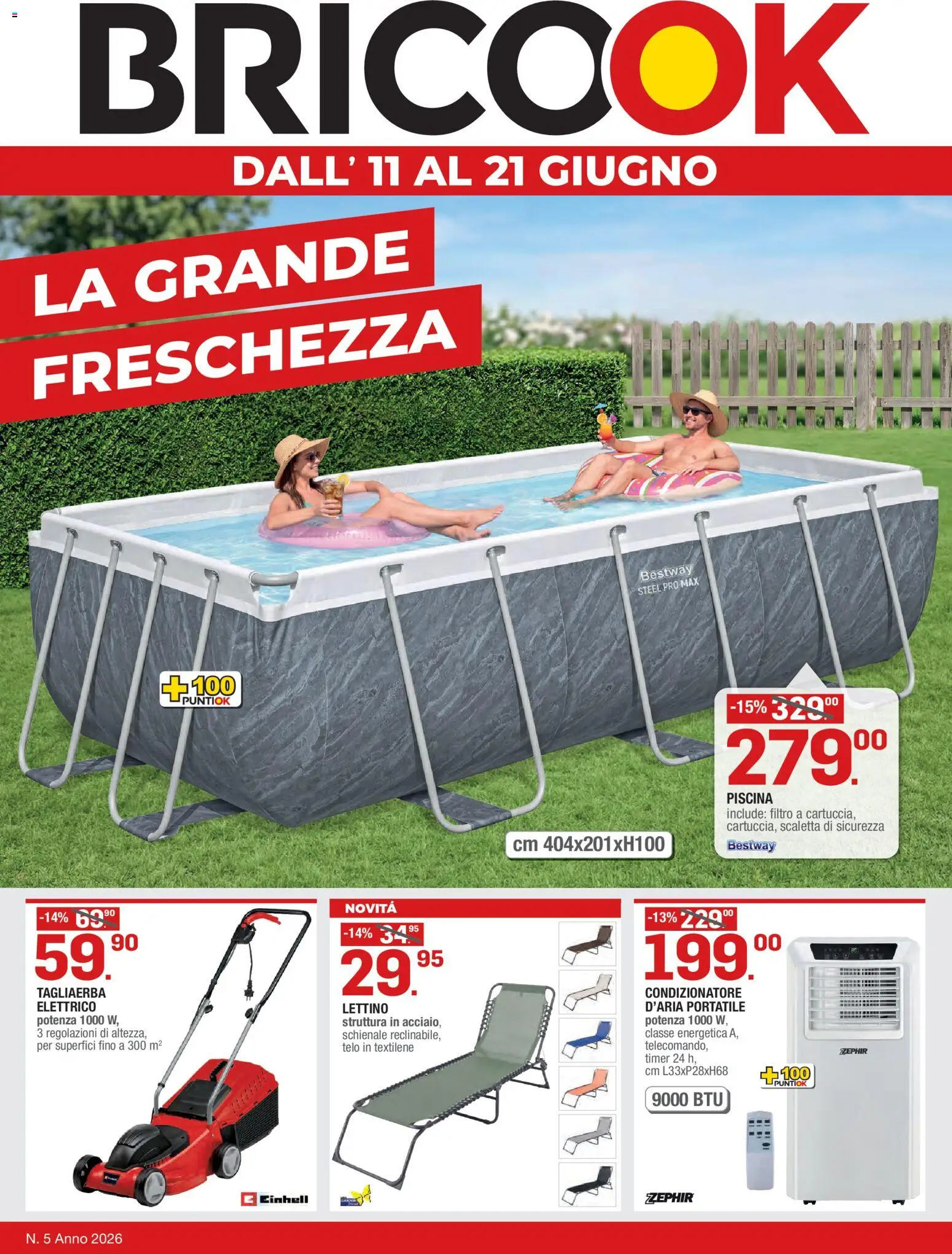 Volantino Brico OK del 11.06.2026 | Pagina: 1 | Prodotti: Scaletta, Piscina, Lettino, Condizionatore