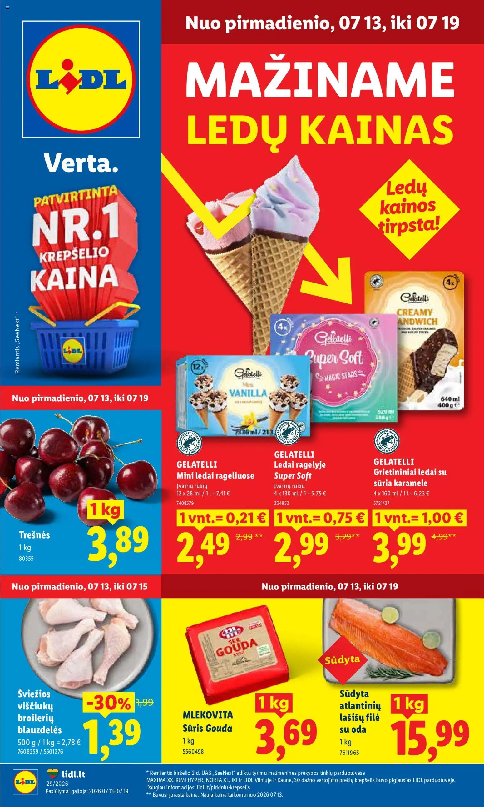 LIDL akcijos nuo 2026.07.13 | Puslapis: 1 | Prekių: Ledai, Viščiukų, Sūris, Krepšelis