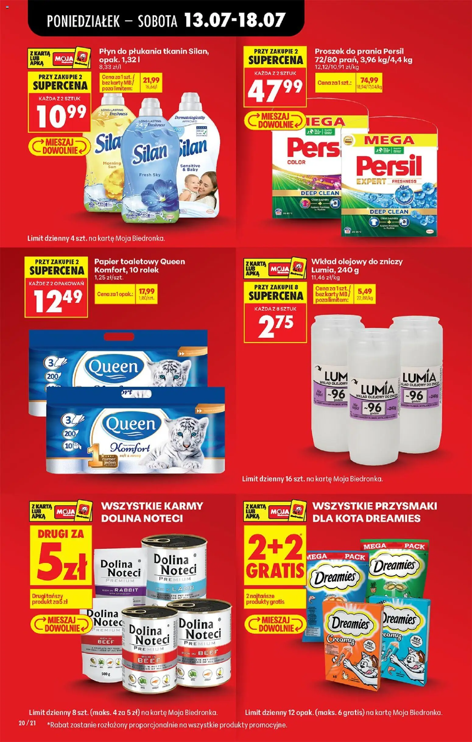 Biedronka gazetka od poniedziałku od 13.07.2026 | Strona: 22 | Produkty: Papier toaletowy queen, Przysmaki dla kota, Płyn do płukania tkanin, Proszek do prania