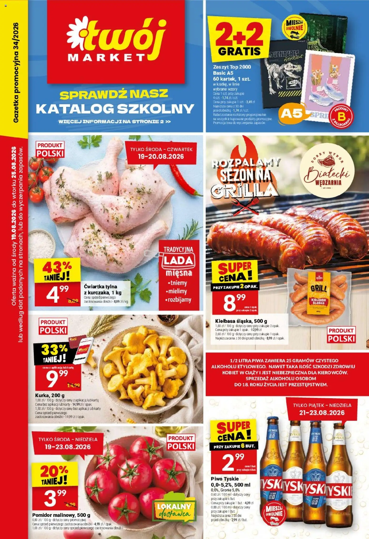 Twój Market gazetka od 19.08.2026 | Strona: 1 | Produkty: Karta, Top, Pomidor, Tyskie