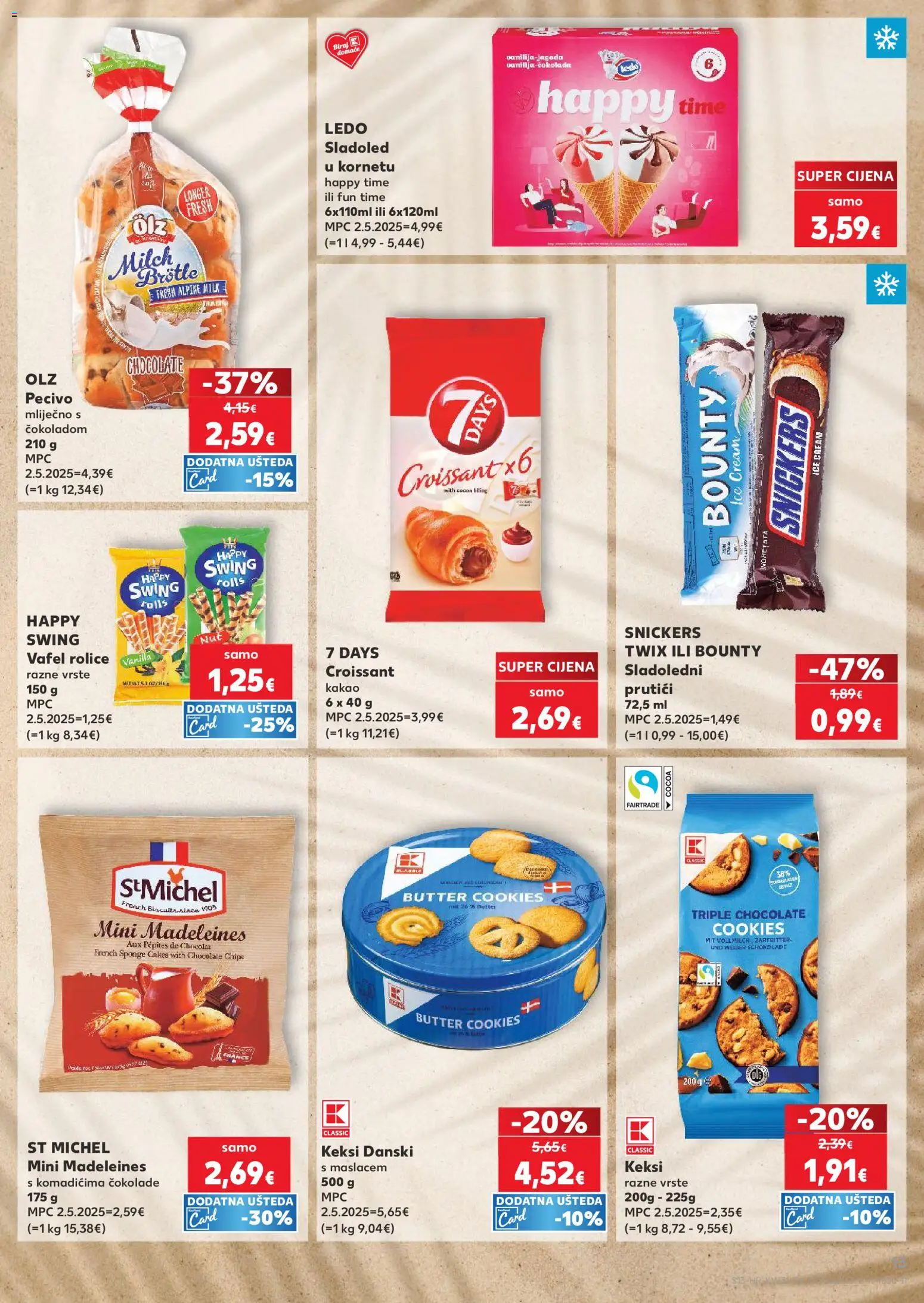 Kaufland katalog | vrijedi od 29.07.2026 | Stranica: 13 | Proizvodi: Snickers, Keksi, Ledo, Pecivo