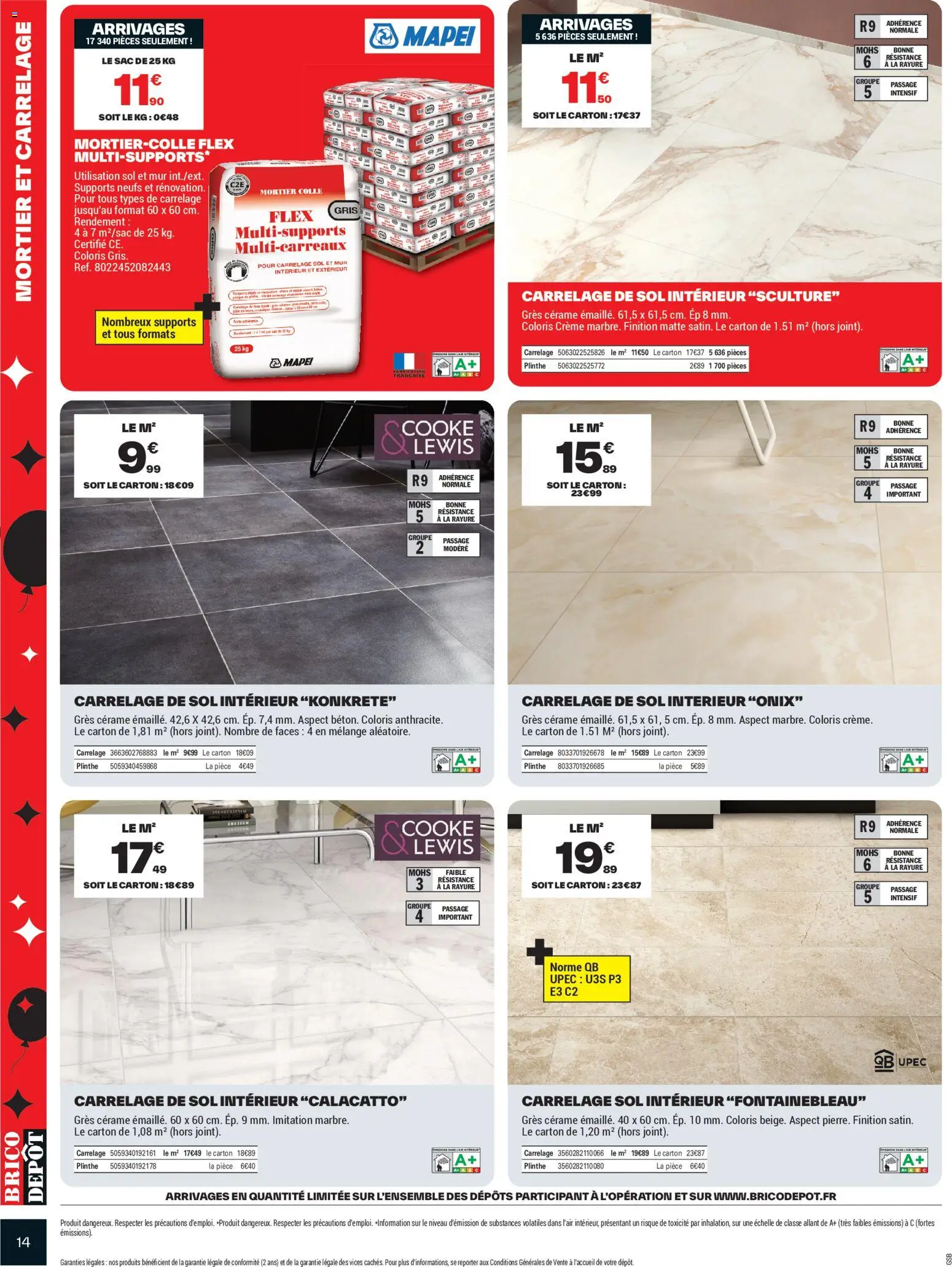 {H1} | Page: 14 | Produits: Plinthe, Mortier, Colle, Carrelage