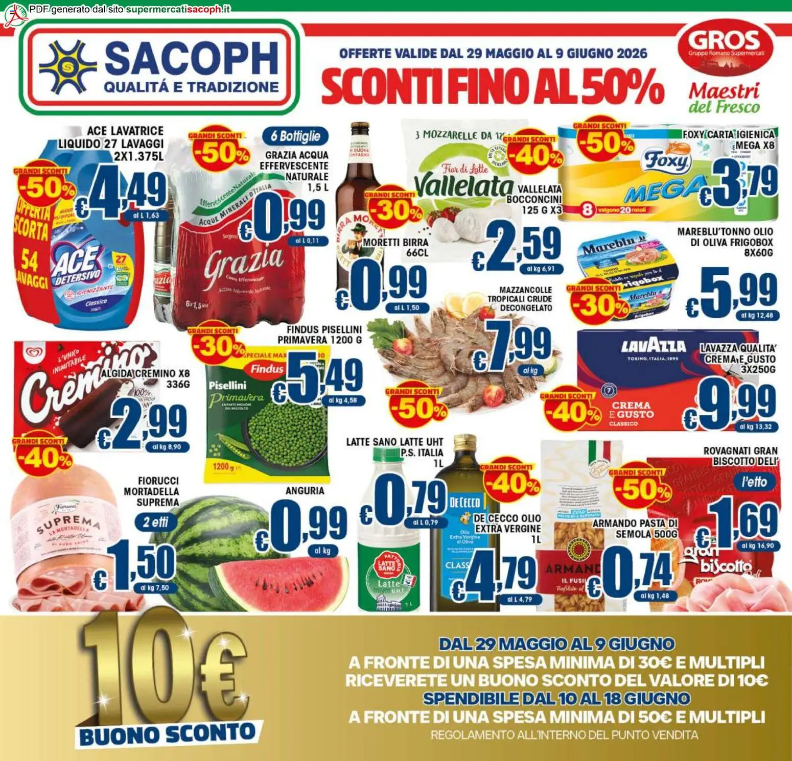 Volantino Sacoph del 29.05.2026 | Pagina: 1 | Prodotti: Mazzancolle, Anguria, Mortadella, Olio extra vergine