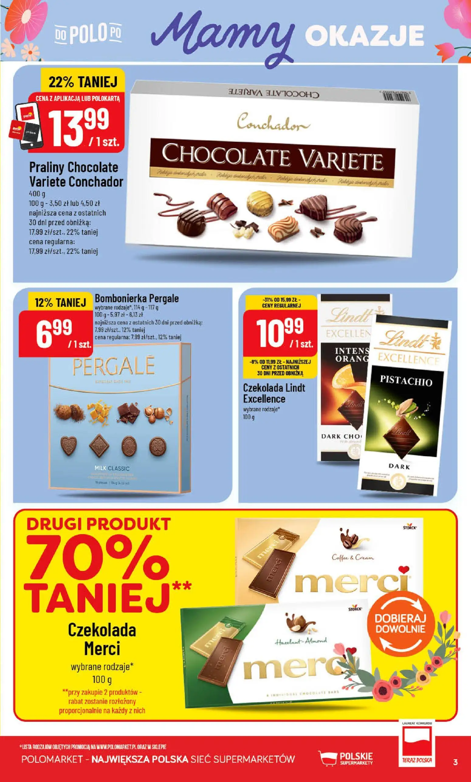 POLOmarket gazetka od 20.05.2026 | Strona: 3 | Produkty: Czekolada lindt, Praliny, Merci, Czekolada