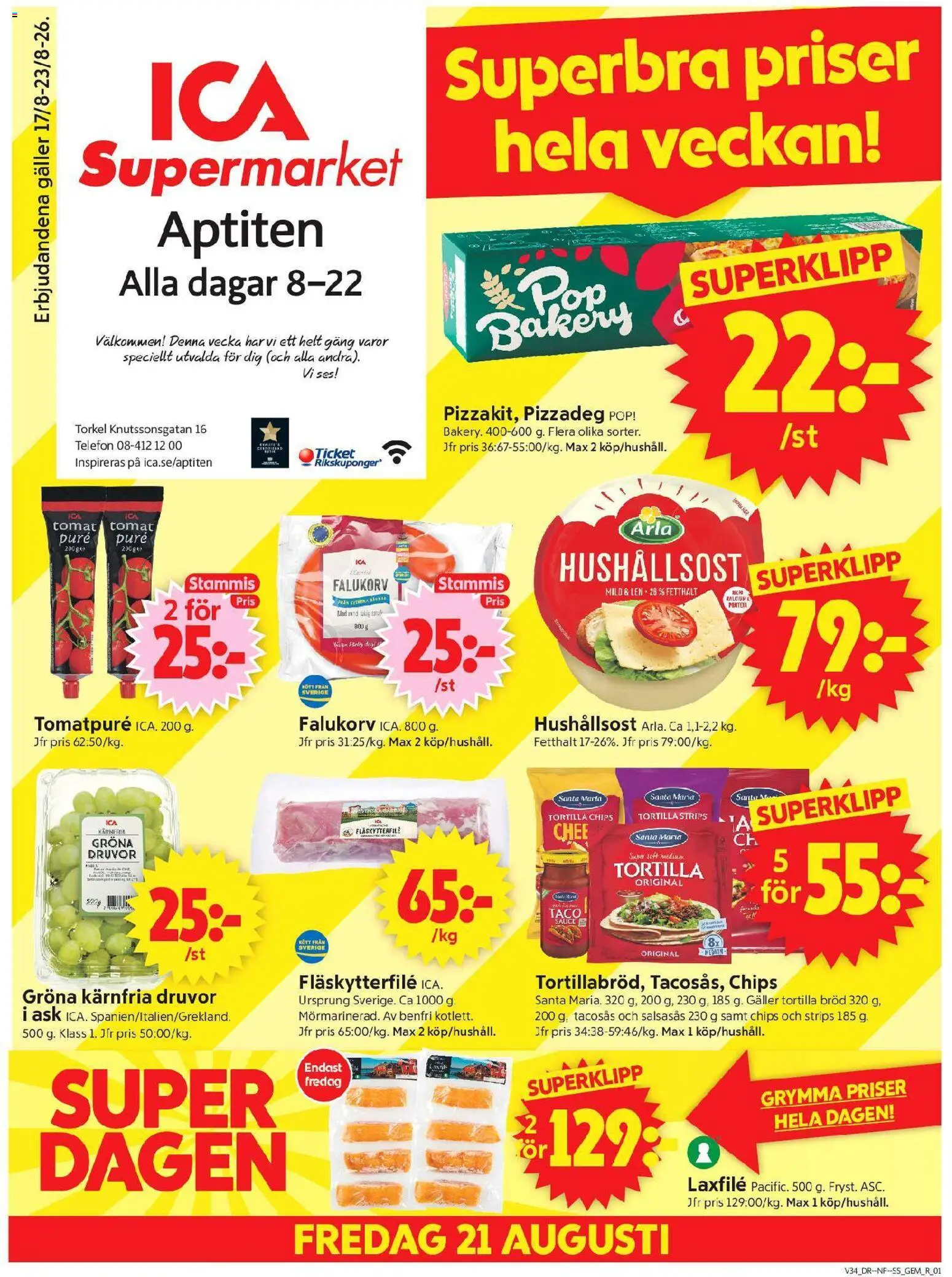 ICA Supermarket reklamblad aktuell från 17/08/2026 | Sida: 1 | Produkter: Tortilla, Hushållsost, Laxfilé, Telefon