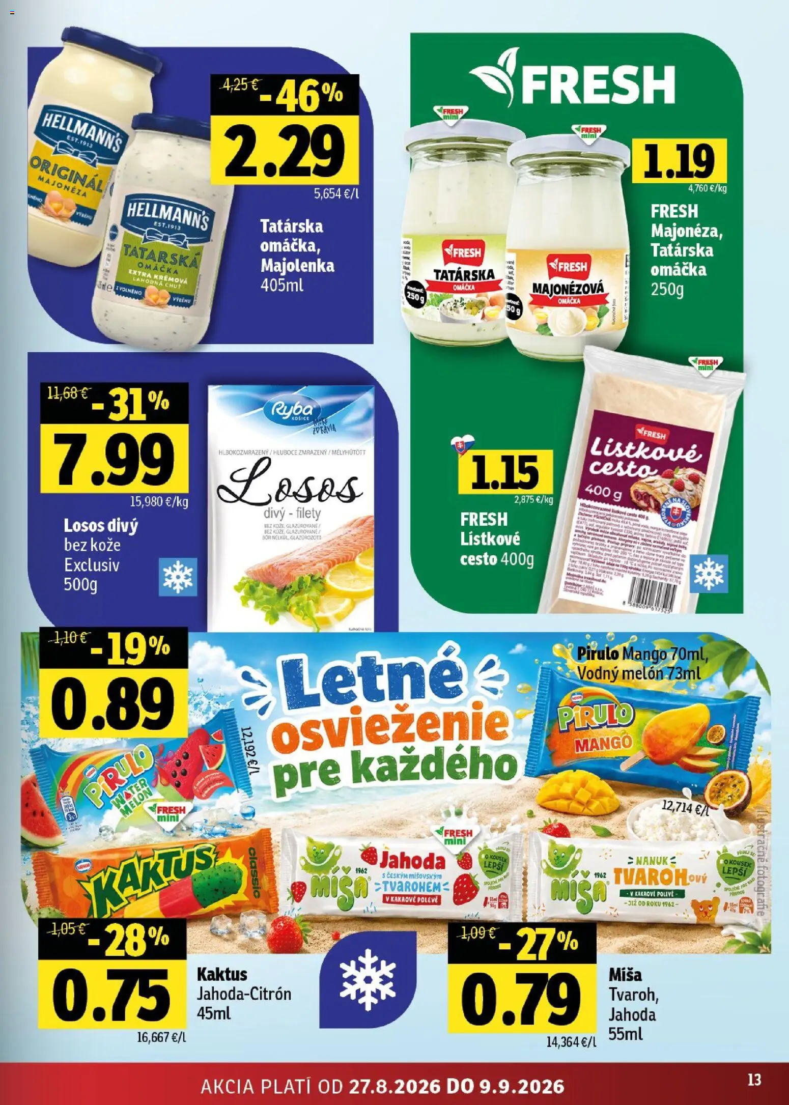 Nové Fresh akcie – leták je platný od 27.08.2026 | Strana: 13 | Produkty: Nanuk, Ryba, Omáčka, Melón