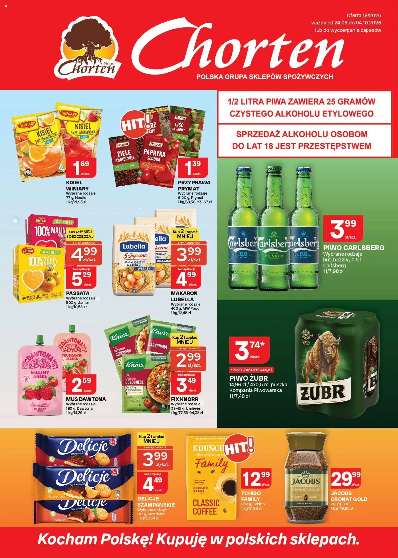 Chorten gazetka od 24.09.2026 | Strona: 1 | Produkty: Piwo żubr, Maliny, Spaghetti, Mus dawtona
