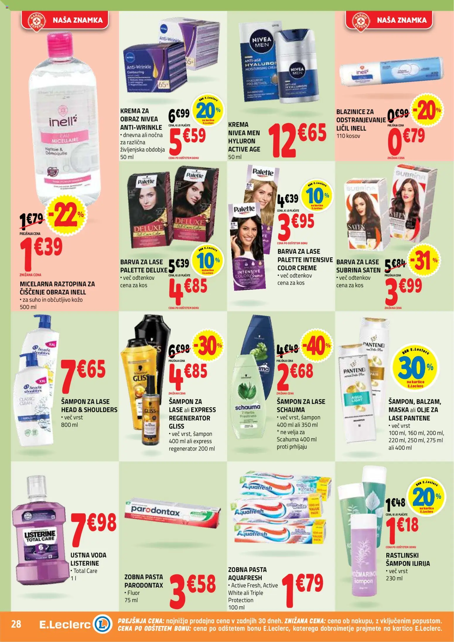 Novi E.leclerc katalog ponudbe – veljaven od 30.09.2026 | Stran: 28 | Izdelki: Kos, Sampon, Olje, Voda