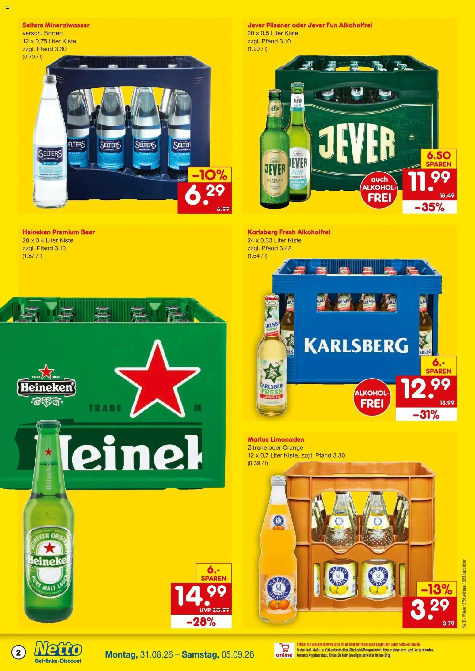 Netto Marken-Discount Prospekt Saarbrücken (ab 31.08.2026) » Angebote | Seite: 2 | Produkte: Carlsberg, Mineralwasser, Heineken, Alkohol