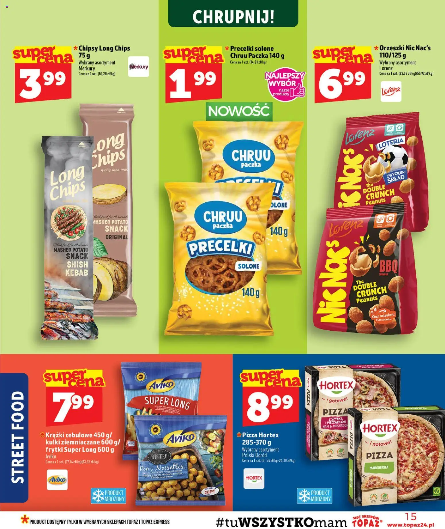 Topaz gazetka od 30.07.2026 | Strona: 15 | Produkty: Kebab, Pizza, Orzeszki, Frytki