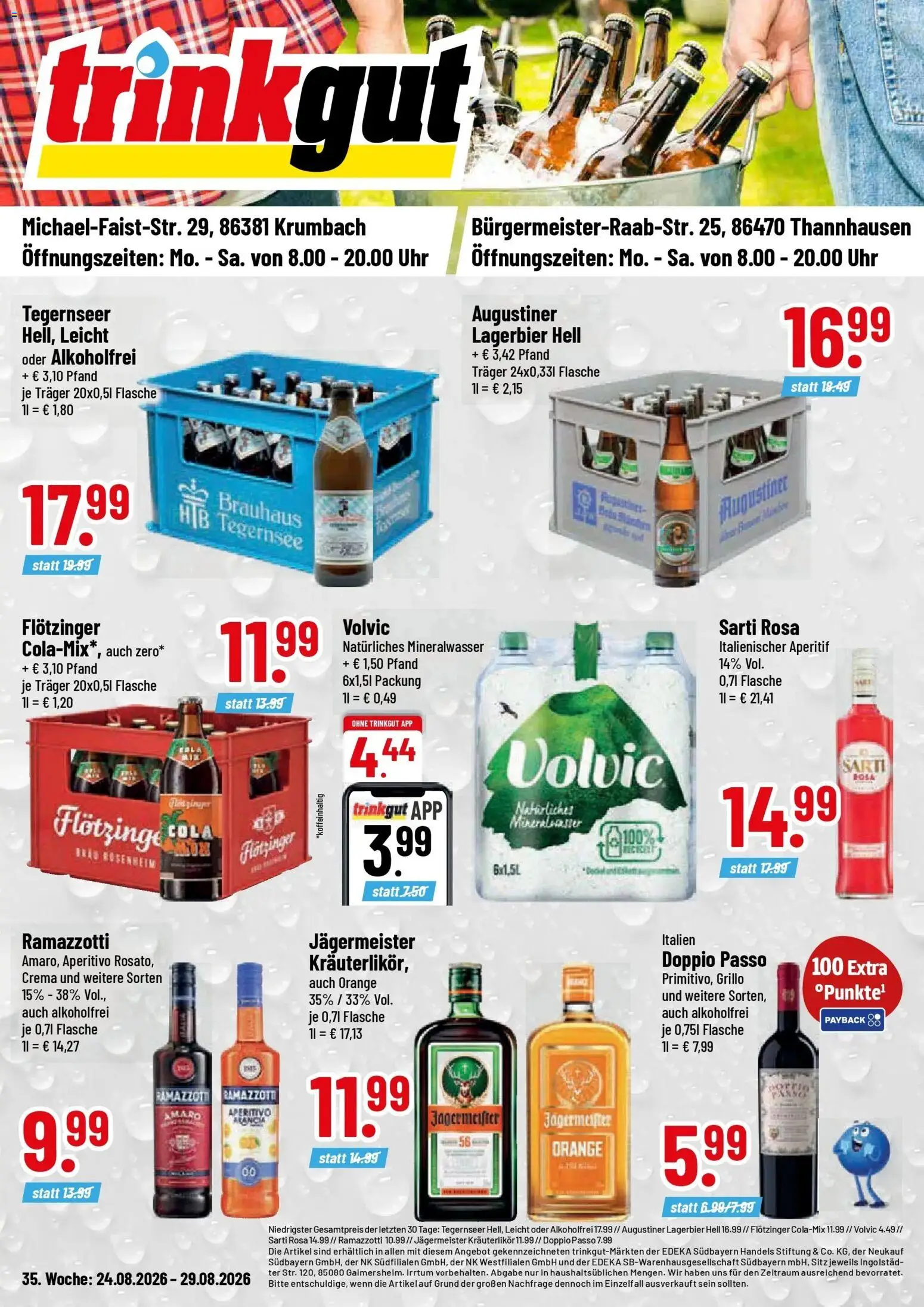 Trinkgut Prospekt Krumbach (ab 24.08.2026) » Angebote online | Seite: 1 | Produkte: Mineralwasser, Jägermeister, Doppio Passo, Ramazzotti