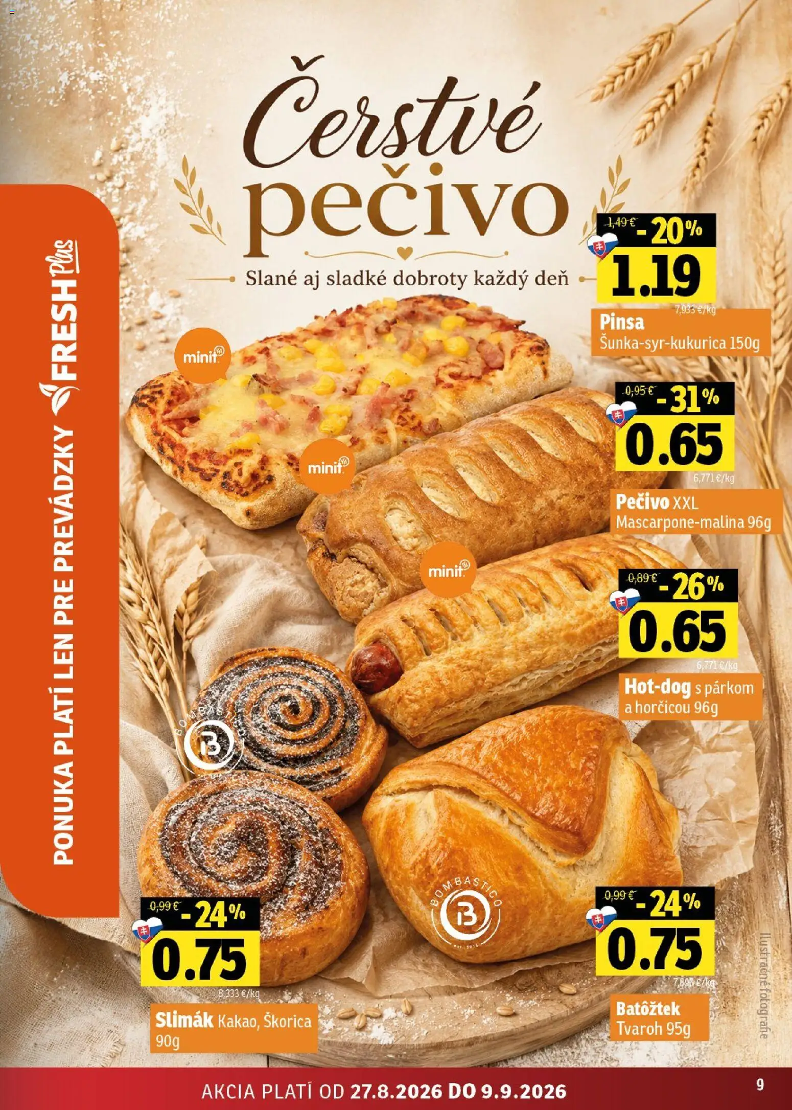 Nové Fresh akcie – leták je platný od 27.08.2026 | Strana: 9 | Produkty: Tvaroh, Pečivo