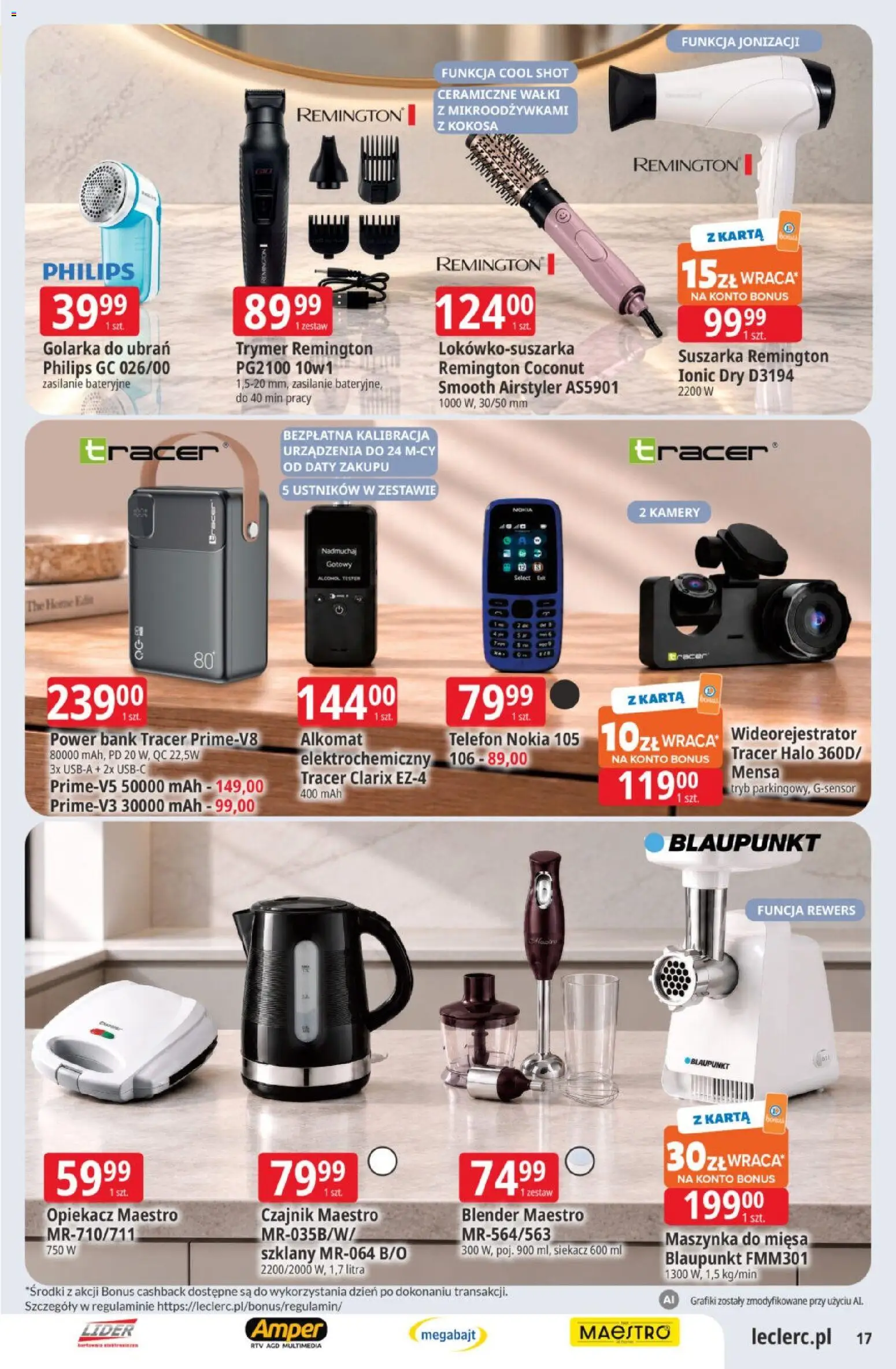 E.Leclerc gazetka od 20.10.2026 | Strona: 17 | Produkty: Power bank, Telefon, Opiekacz, Golarka