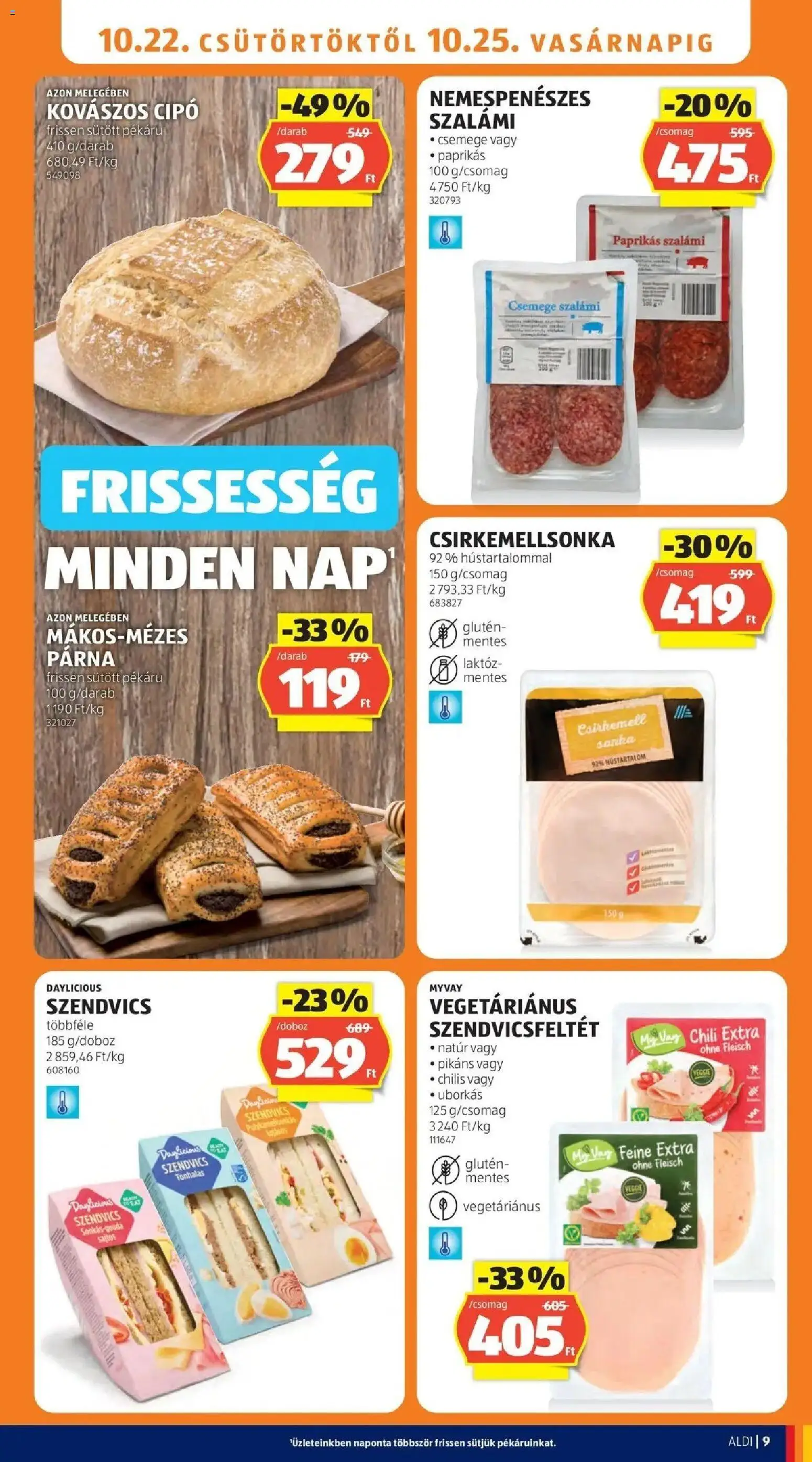 Aldi akciós ujság - amely érvényes a következő dátumtól: 2026.10.17. | Oldal: 9 | Termékek: Chili, Kovászos cipó, Nemespenészes szalámi, Párna