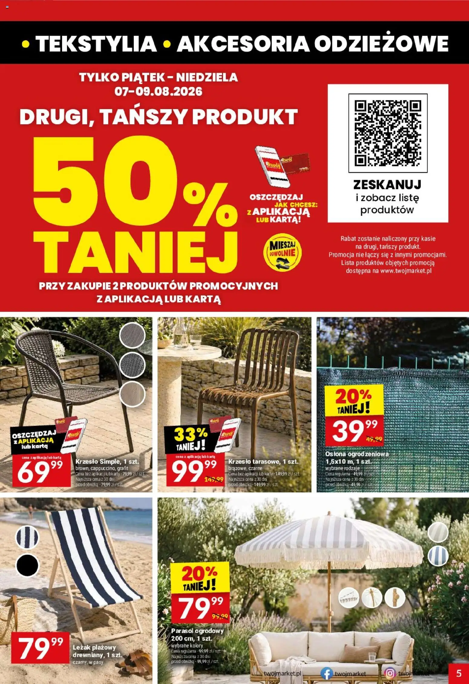 Twój Market gazetka od 05.08.2026 | Strona: 5 | Produkty: Parasol, Leżak, Krzesło, Tekstylia