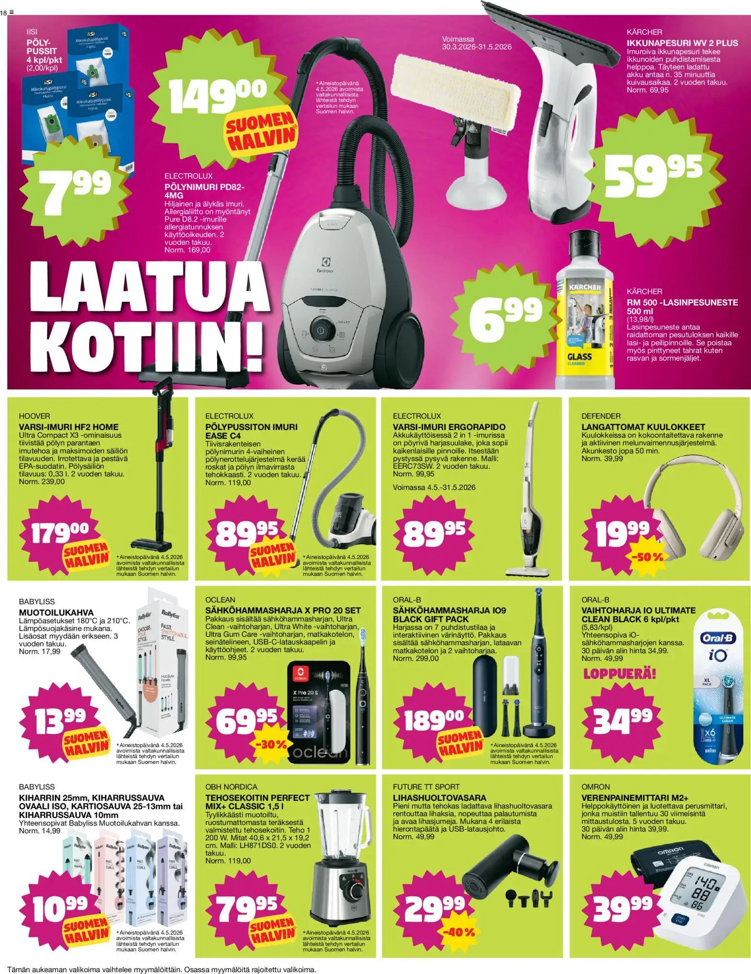 Tokmanni tarjoukset – voimassa 18.05.2026 alkaen | Sivu: 18 | Tuotteet: Imuri, Kiharrin, Sähköhammasharja, Langattomat kuulokkeet