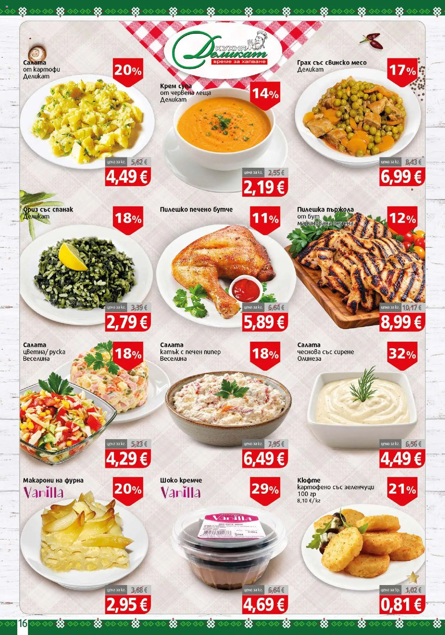 {H1} | Страница: 16 | Продукти: Пържола, Макарони, Спанак, Свинско месо