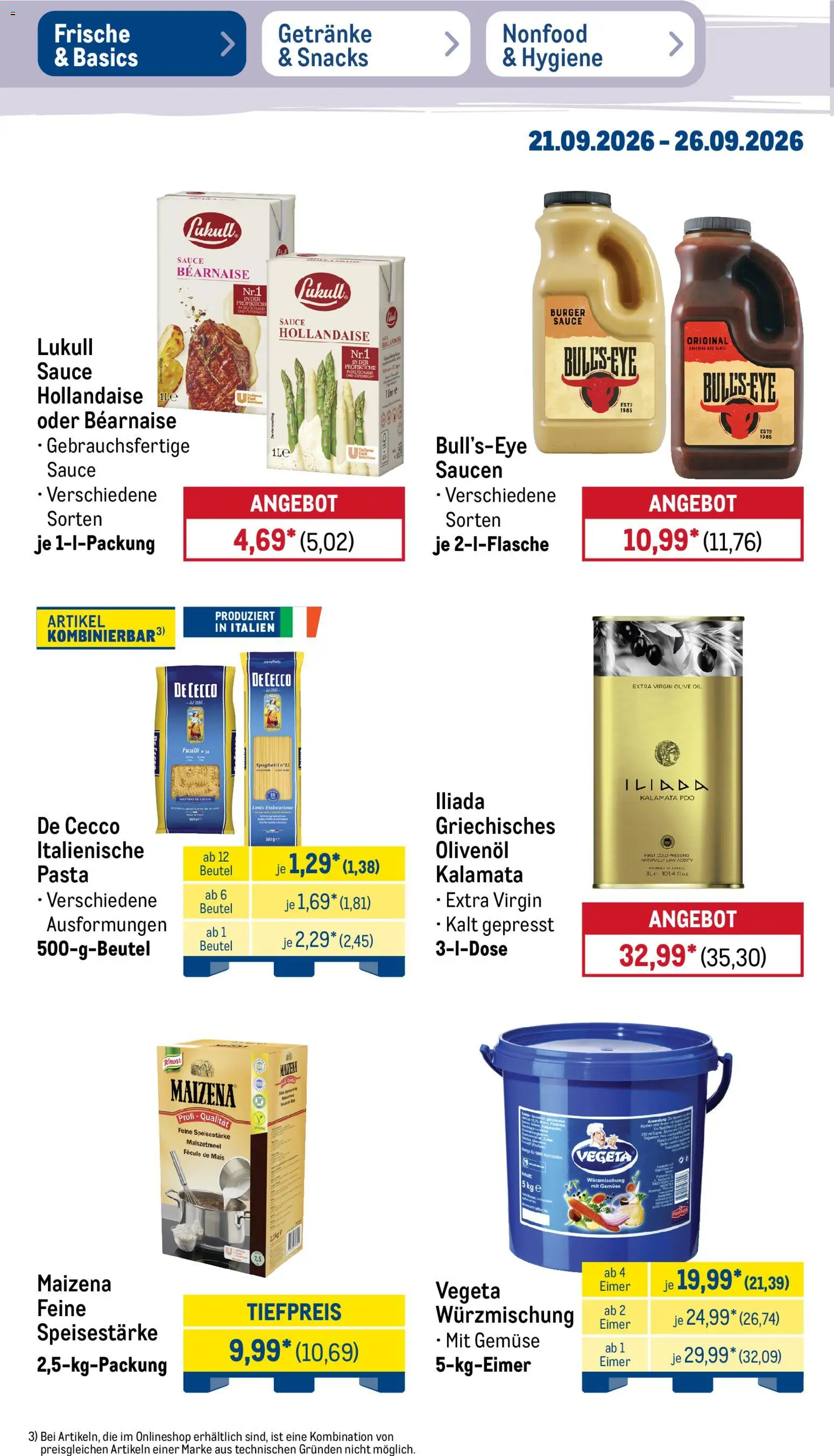 Metro NonFood-Angebote – gültig ab 21.09.2026 | Seite: 46 | Produkte: Mais, Olivenol, Burger, Pasta