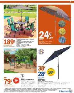 E.Leclerc - Prévisualisation de ENSEMBLE DÉJEUNER TABLE + 6 CHAISES + PARASOL, Structure en acier, table plateau verre avec fauteuils fixes en PVC tissé et parasol Comprend: 1 table: L. 150 x 1.90 x H.72cm 6 Chaises: L.54.5 x 1.71 x H.96 cm 1 Parasol diam. 3x2M valide à partir de 21.04.2026 | Page: 9