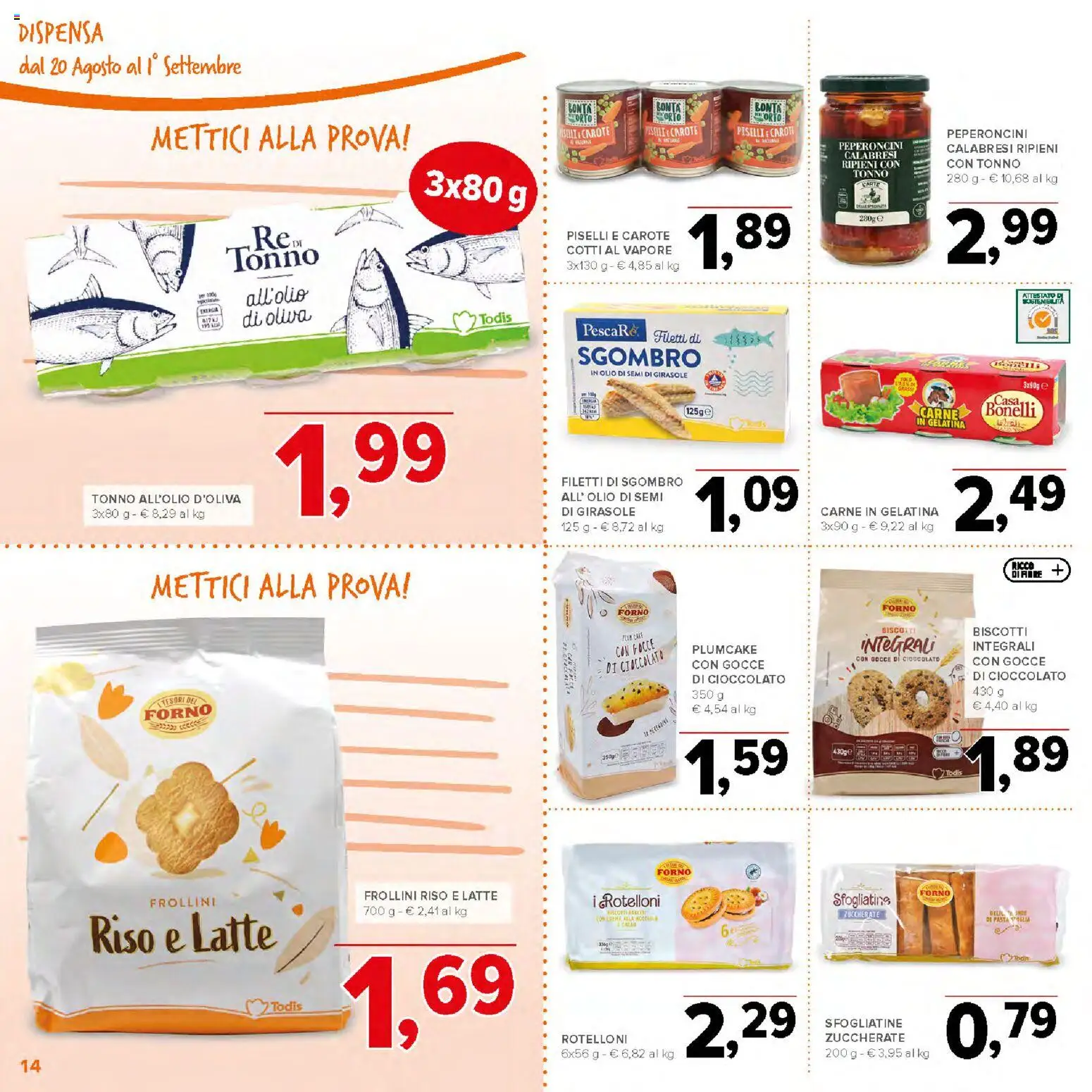 Volantino Todis del 20/08/2026 | Pagina: 14 | Prodotti: Olio di semi, Pasta, Tonno, Carne