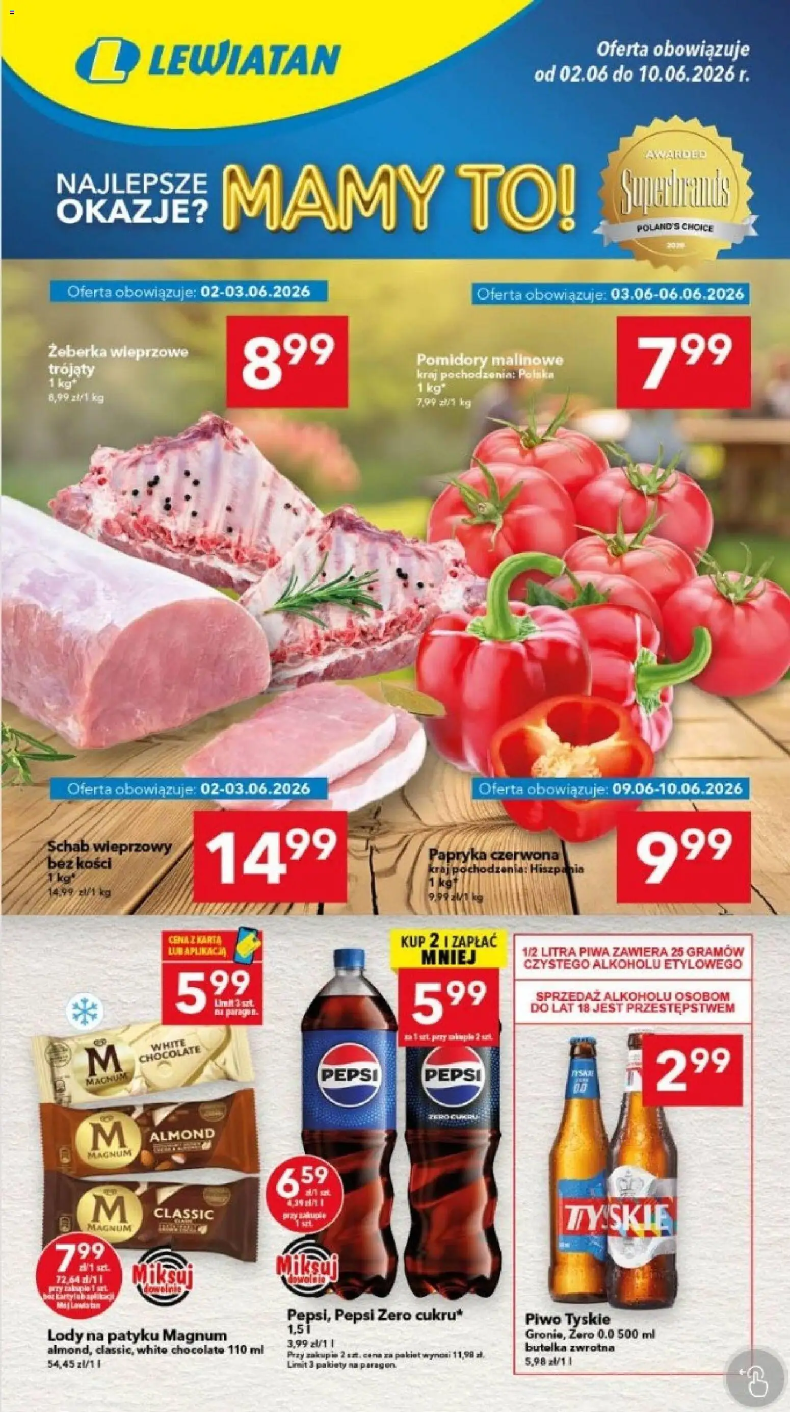 Lewiatan gazetka - Legnica od 02.06.2026 | Strona: 1 | Produkty: Schab, Papryka, Pomidory, Lody