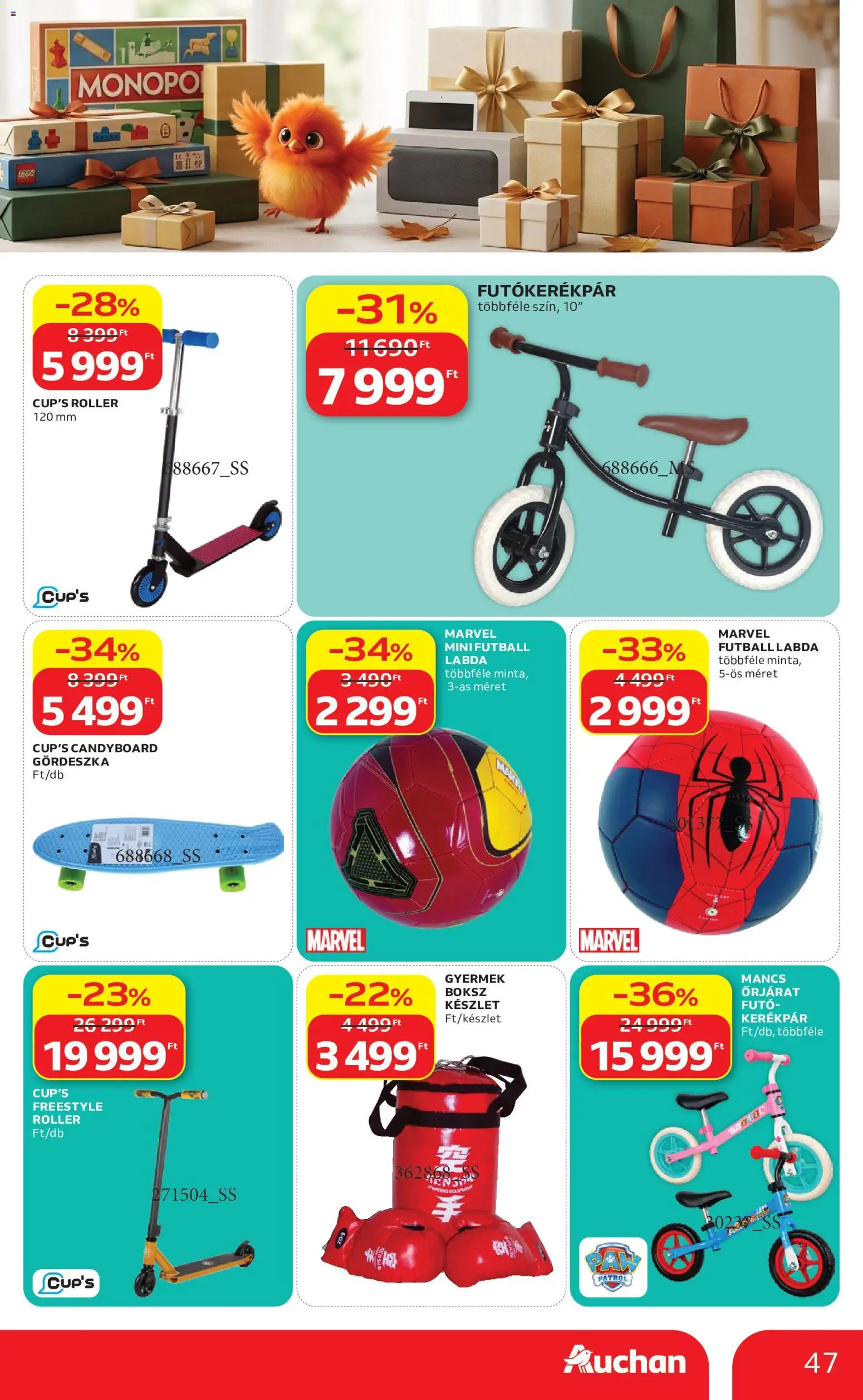 Auchan akciós ujság - amely érvényes a következő dátumtól: 2026.10.01. | Oldal: 47 | Termékek: Gördeszka, Labda, Mancs őrjárat, Kerékpár