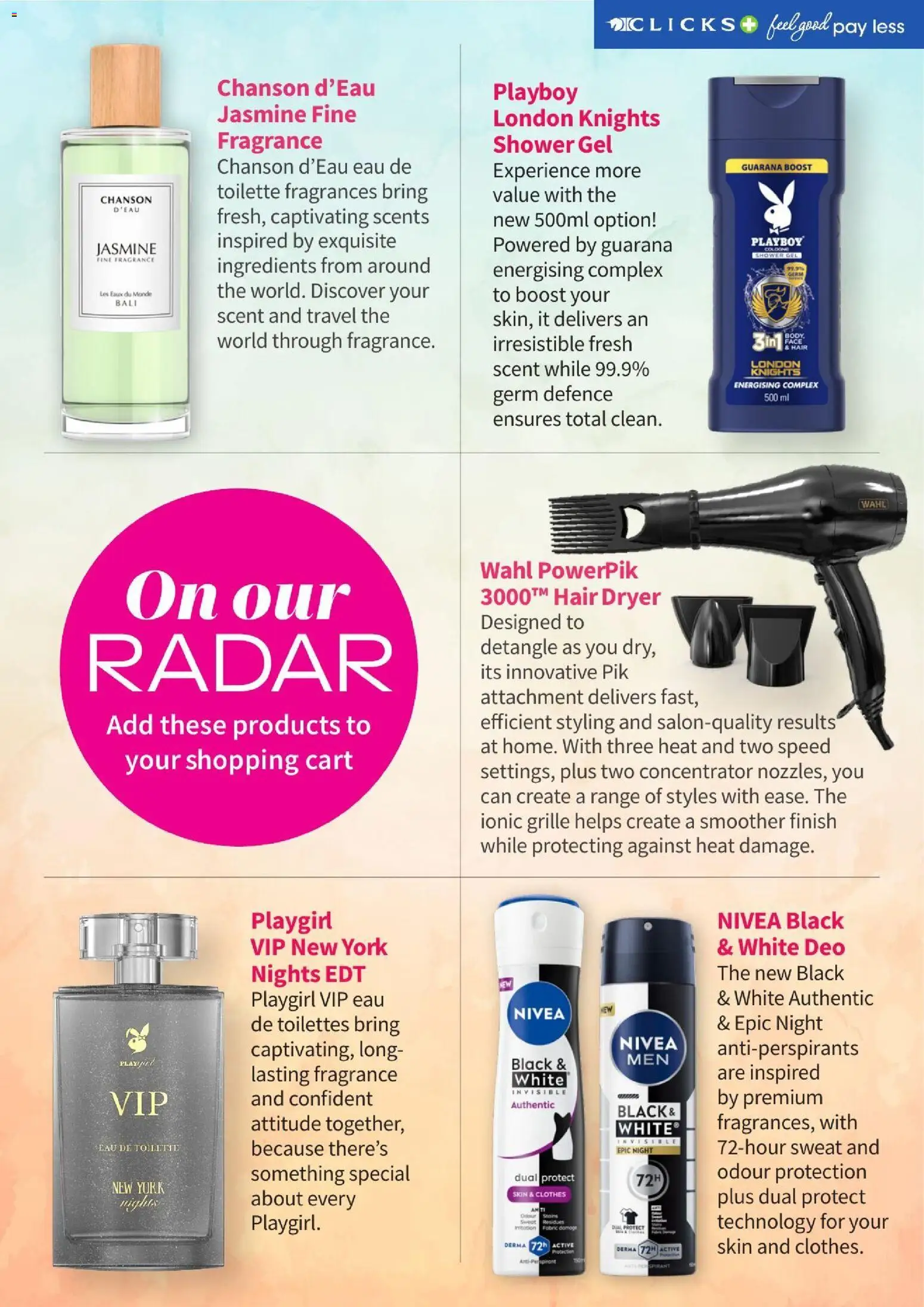 New Clicks catalogue – valid from 01/10/2026 | Page: 102 | Products: Dryer, Hair dryer, Shower gel, Antiperspirant