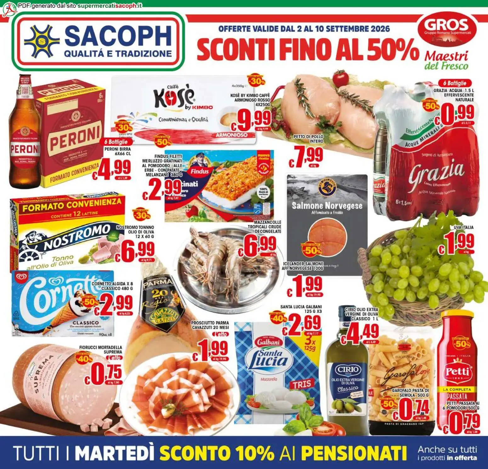 Volantino Sacoph del 02/09/2026 | Pagina: 1 | Prodotti: Petto di Pollo, Birra, Salmone, Cornetto